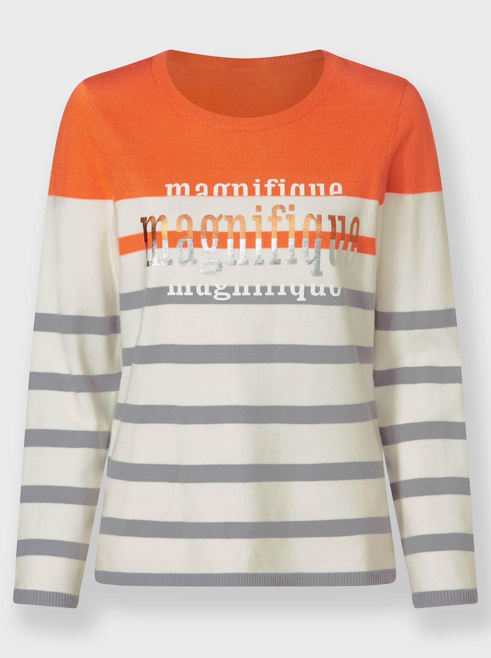 heine Jacquardpullover mit Schriftzug - orange-steingrau-gemustert