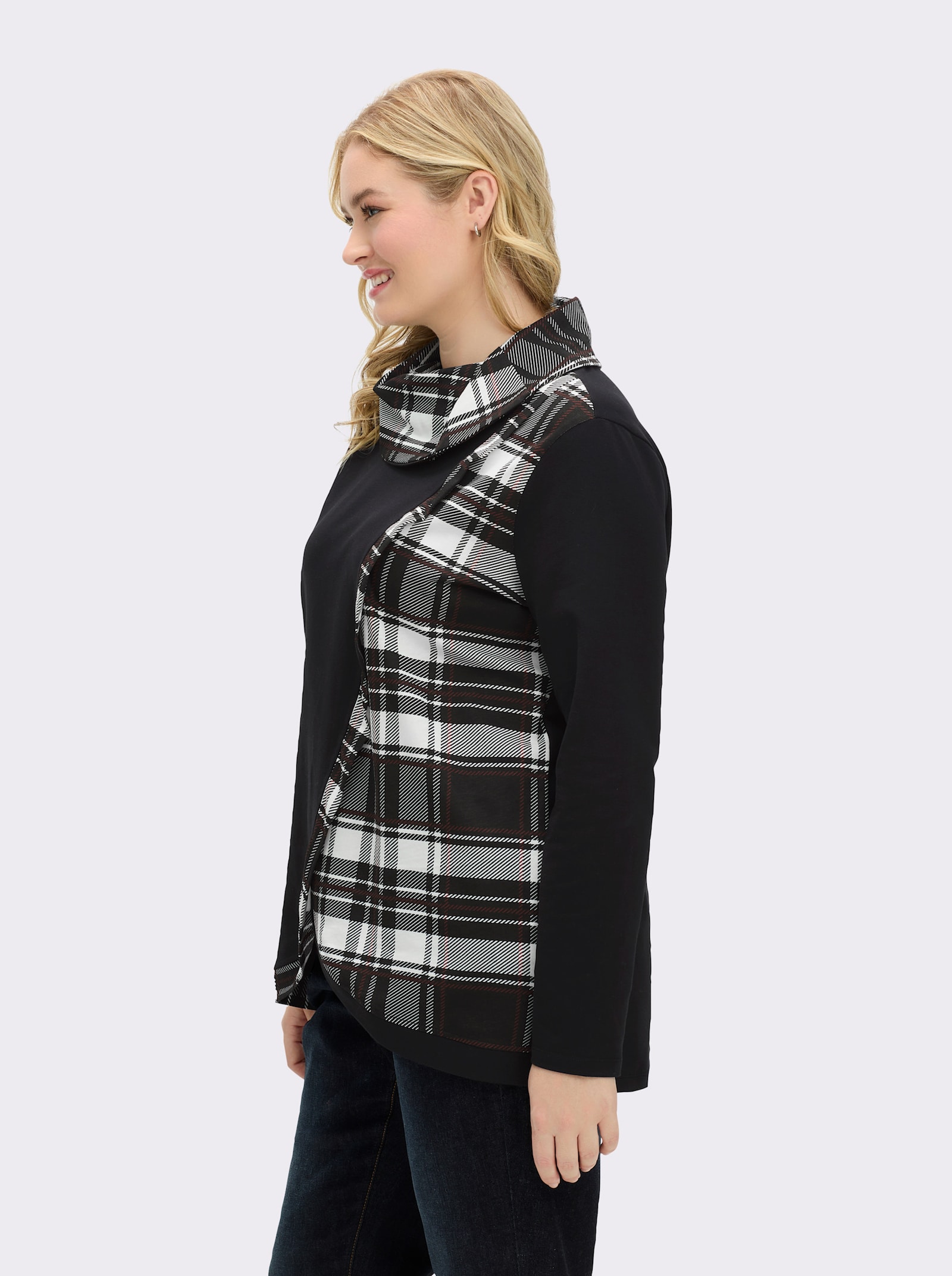 Sweatshirt mit Karo-Einsätzen - schwarz-gemustert