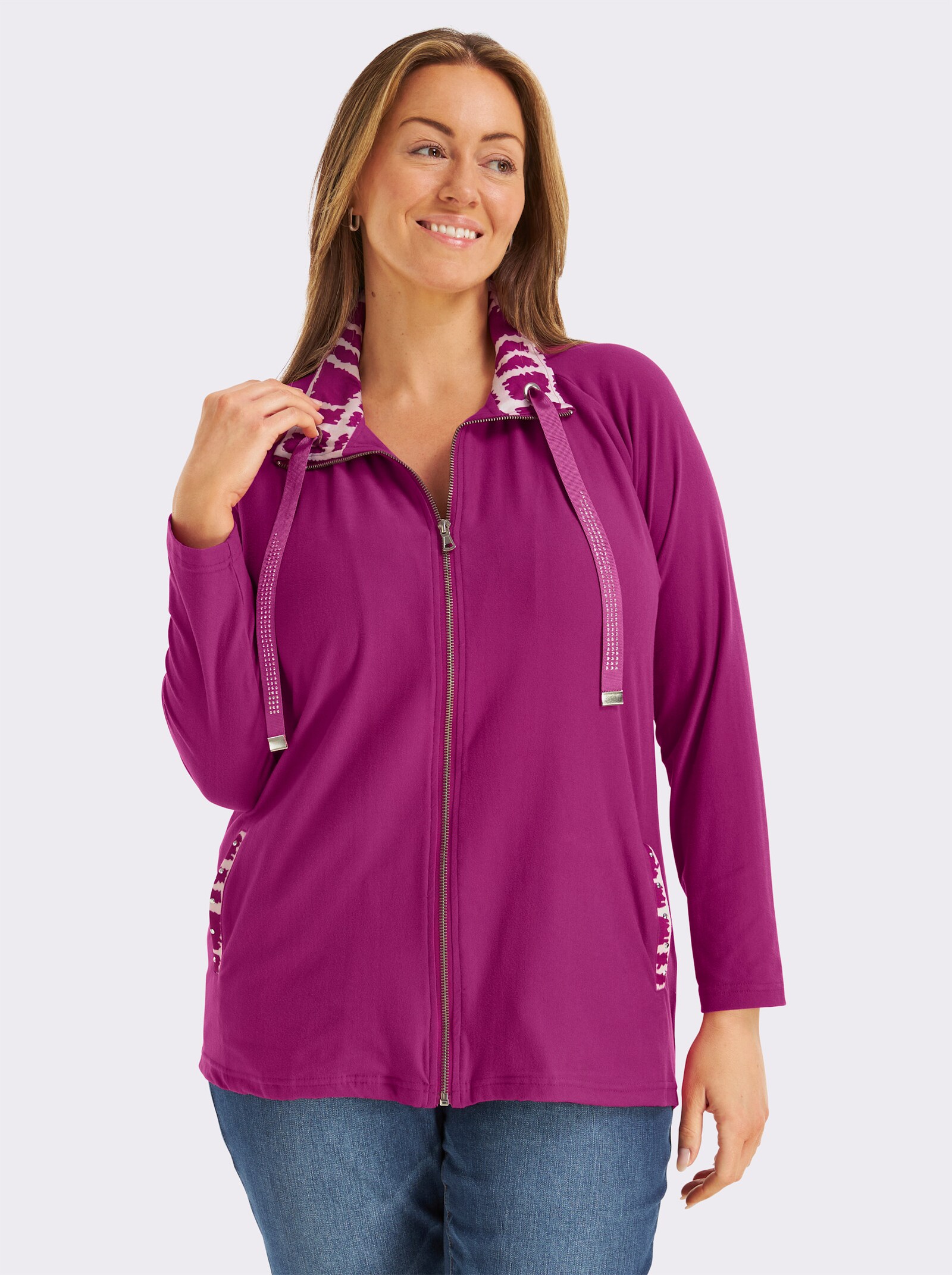 Shirtjacke mit Glitzersteinchen - magenta-ecru-gemustert