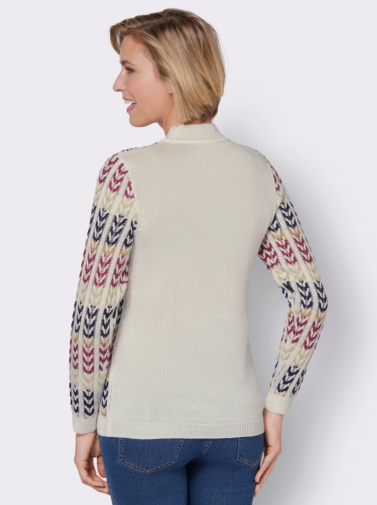 Pullover met opstaande kraag - ecru/nachtblauw gedessineerd