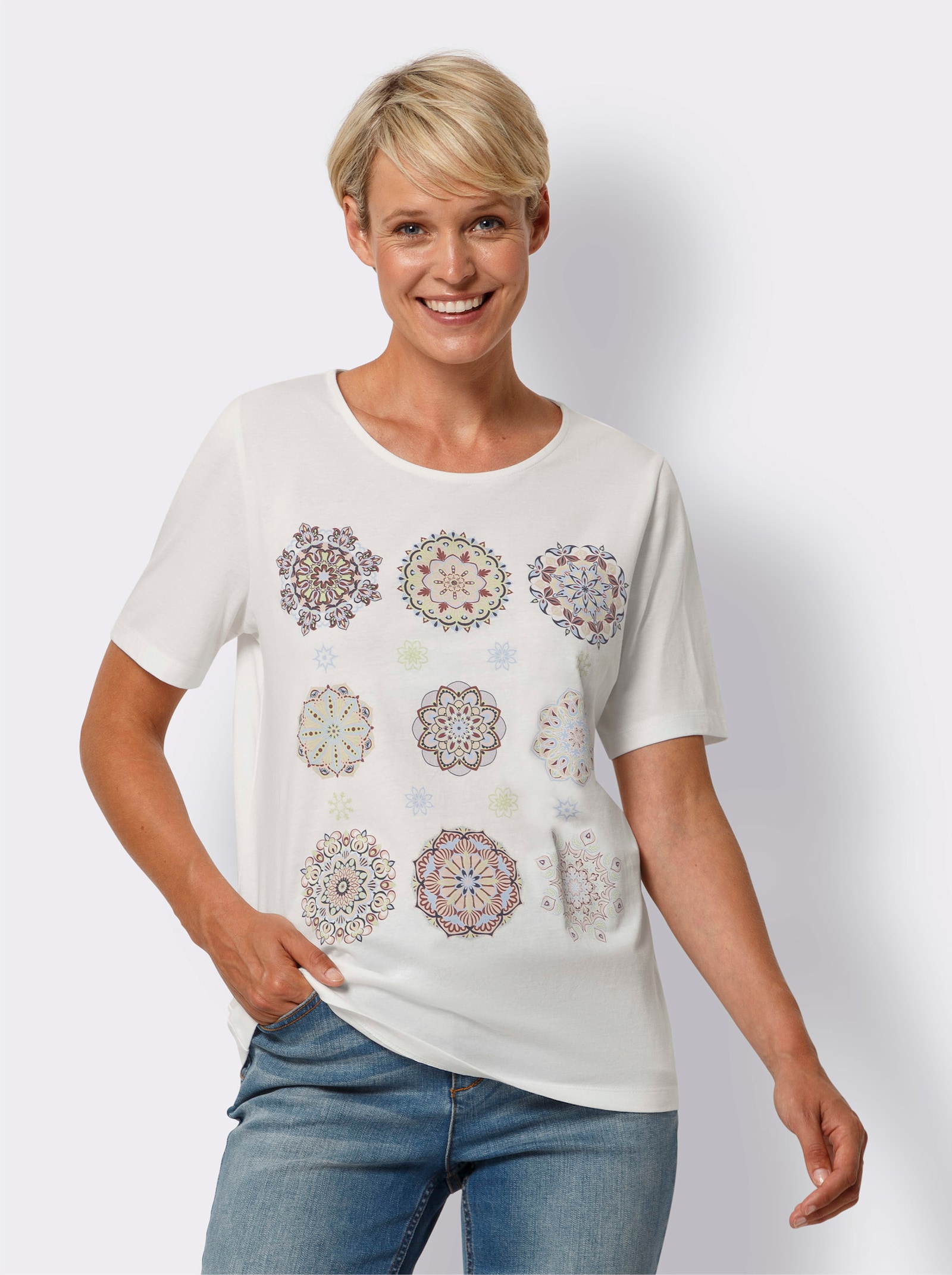 Shirt met korte mouwen en mandalaprint - ecru/ijsblauw