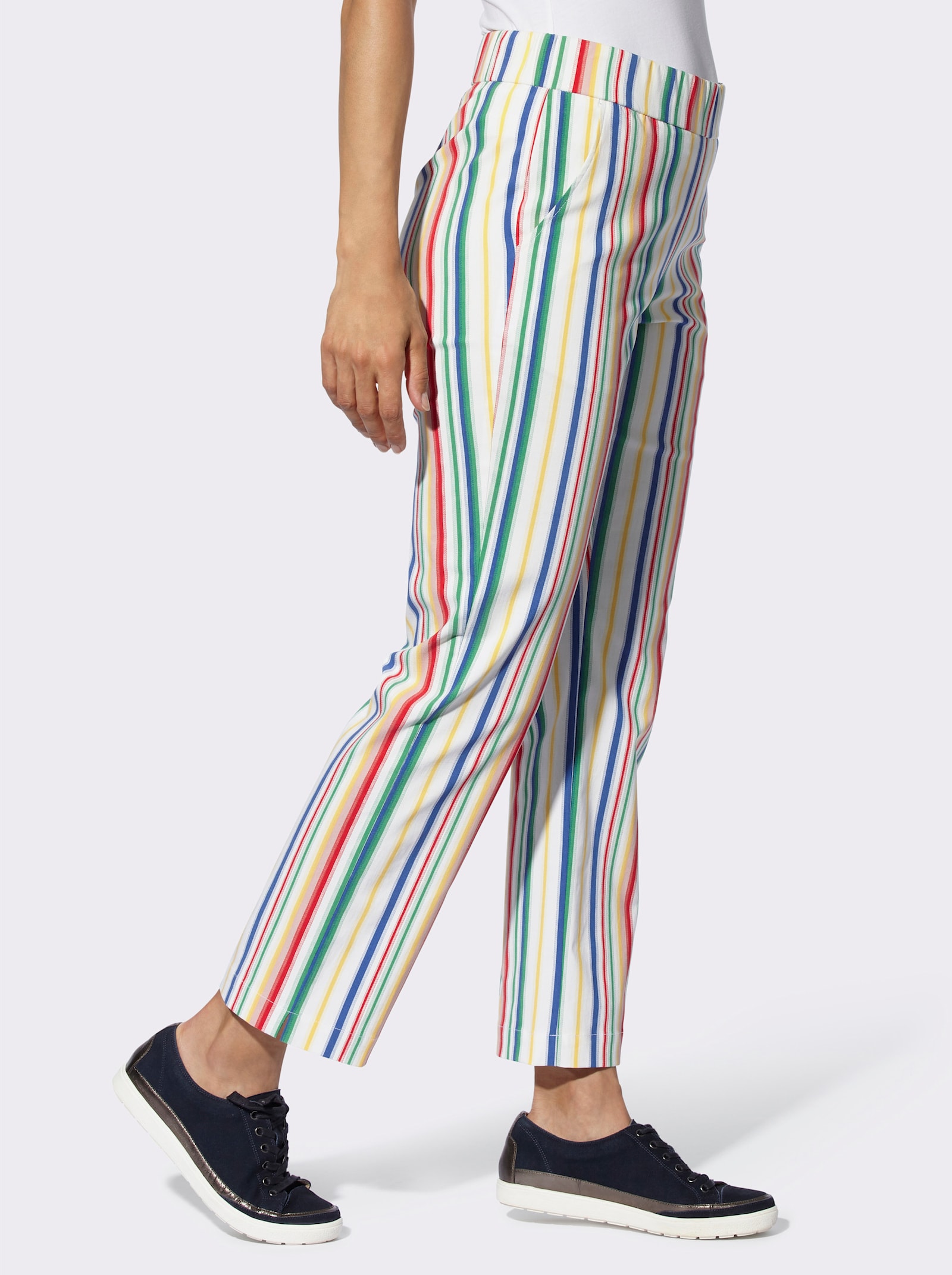 Stretch-Hose in knöchelfreier Form - gelb-royalblau-gestreift