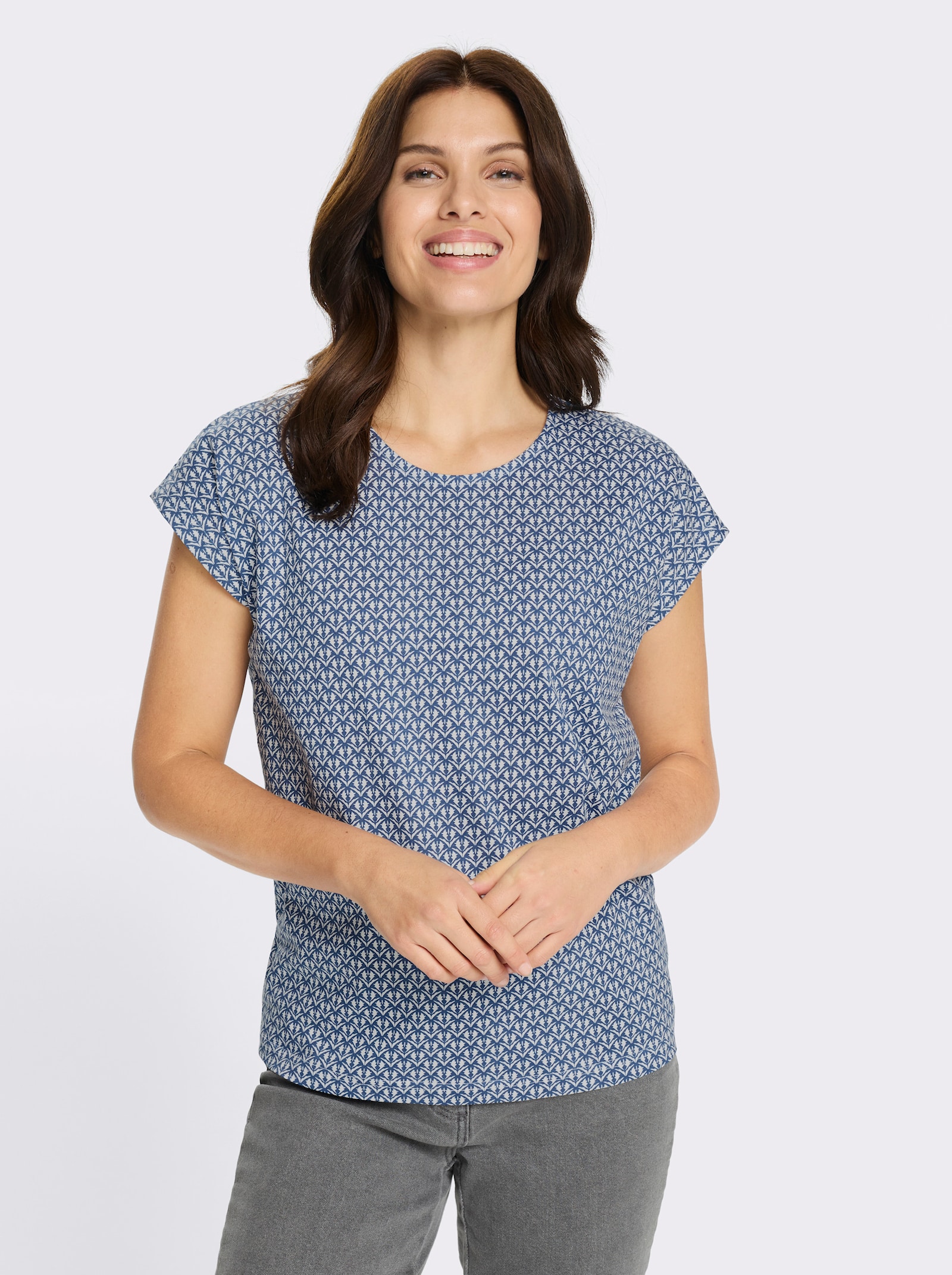 Rundhalsshirt mit Minimaldessin - jeansblau-ecru-bedruckt