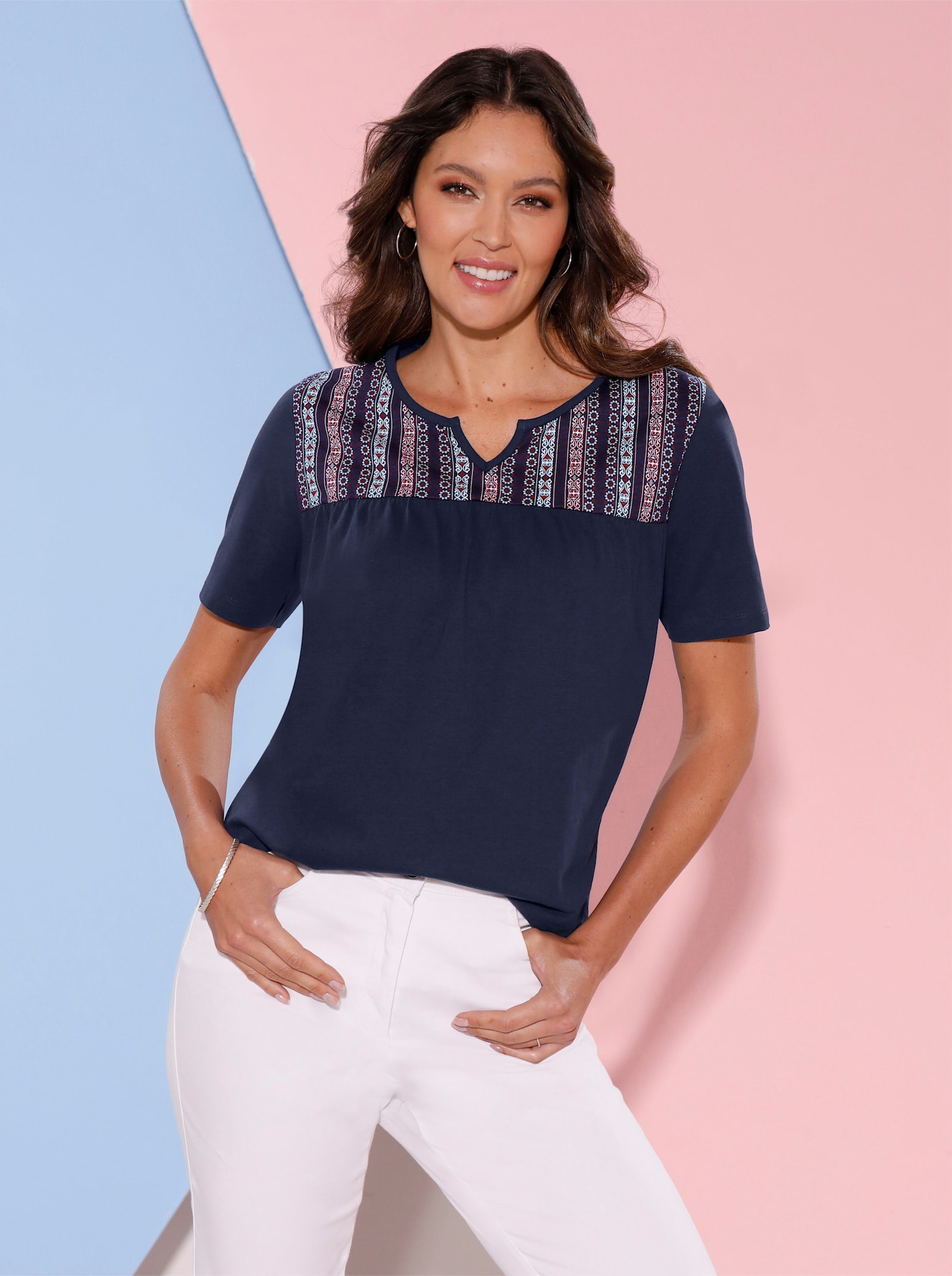 Tunikové tričko, etno potlač - námornícka modrá – écru s potlačou