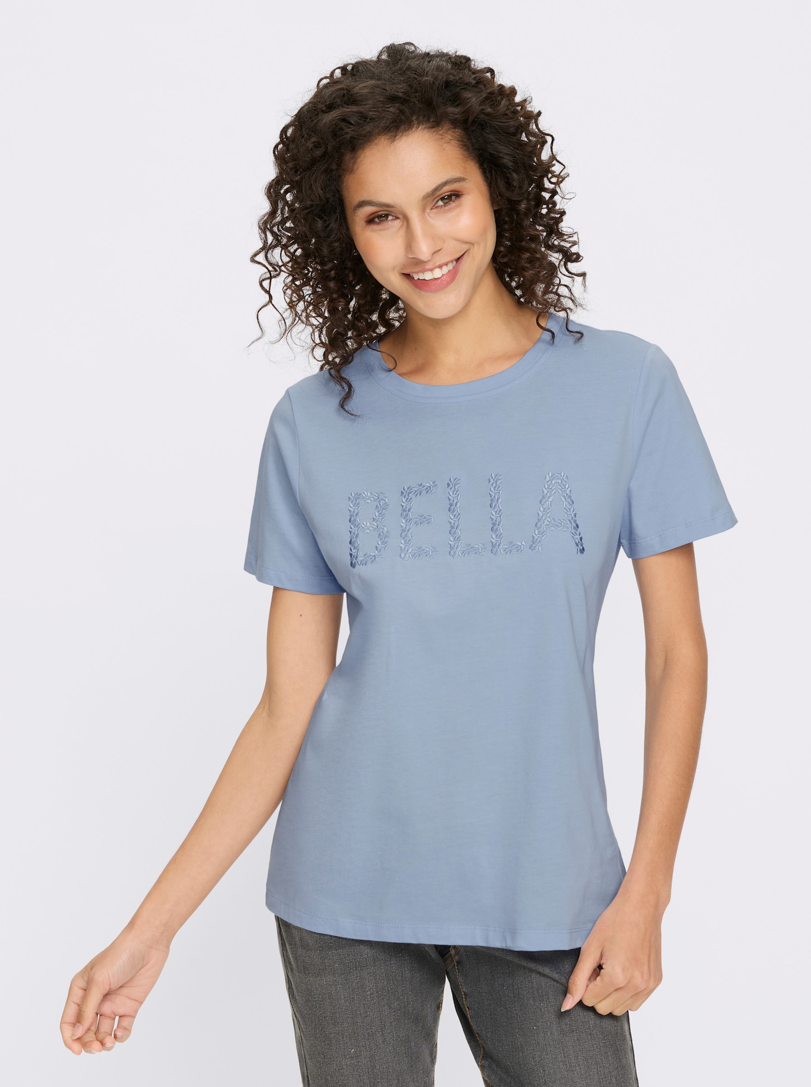 heine Kurzarmshirt mit gesticktem Schriftzug - eisblau