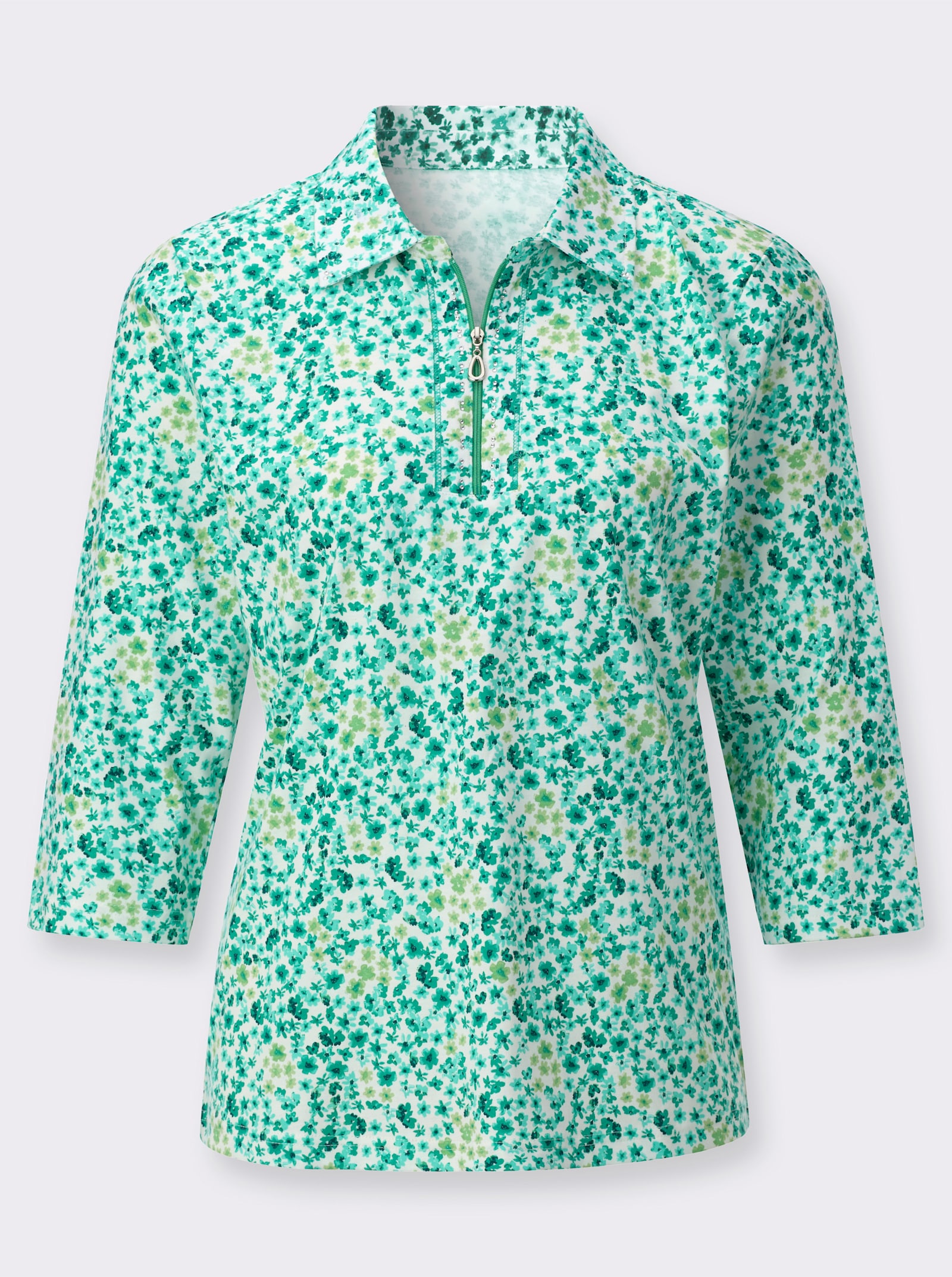 Poloshirt mit Glitzersteinchen - smaragd-ecru-bedruckt