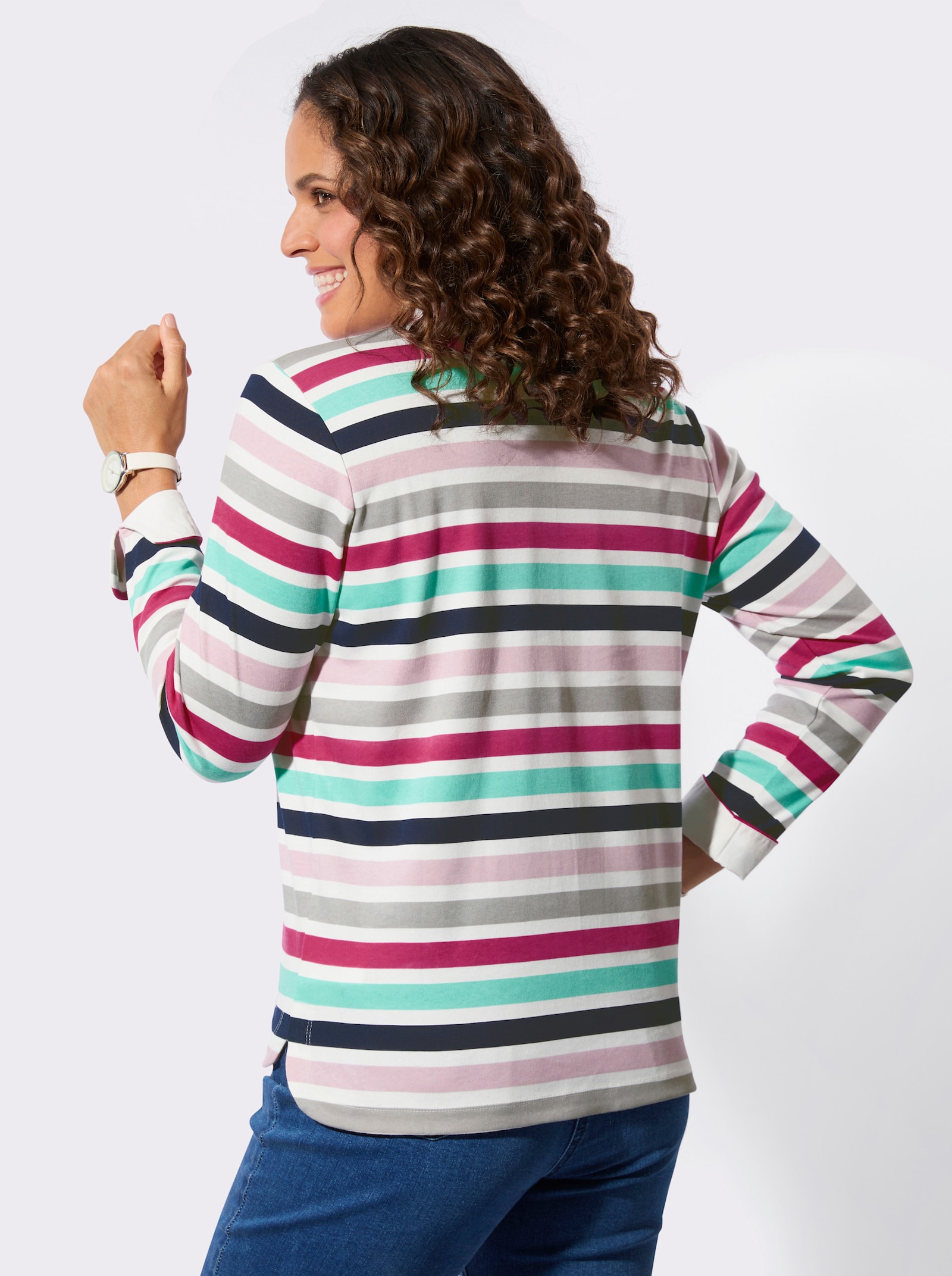 Sweatshirt mit Stehkragen, gestreift - ecru-fuchsia-geringelt