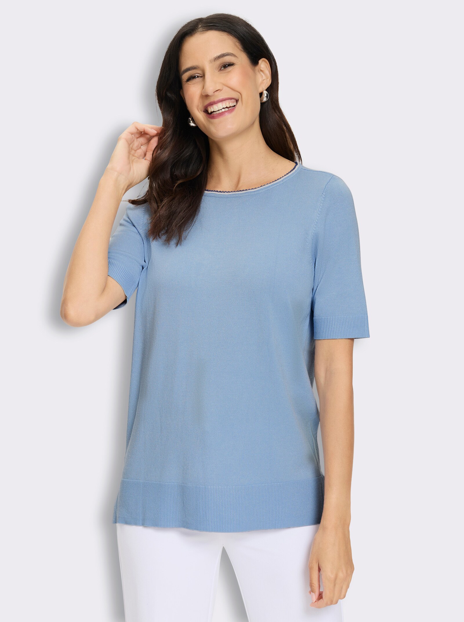 Pullover mit Häkelborte - eisblau-ecru
