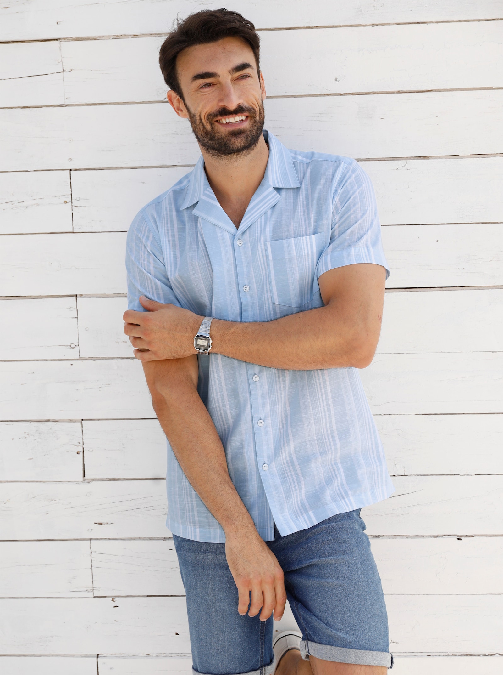 Catamaran Kurzarmhemd mit Streifen-Dessin, garngefärbt - hellblau-weiss-gestreift