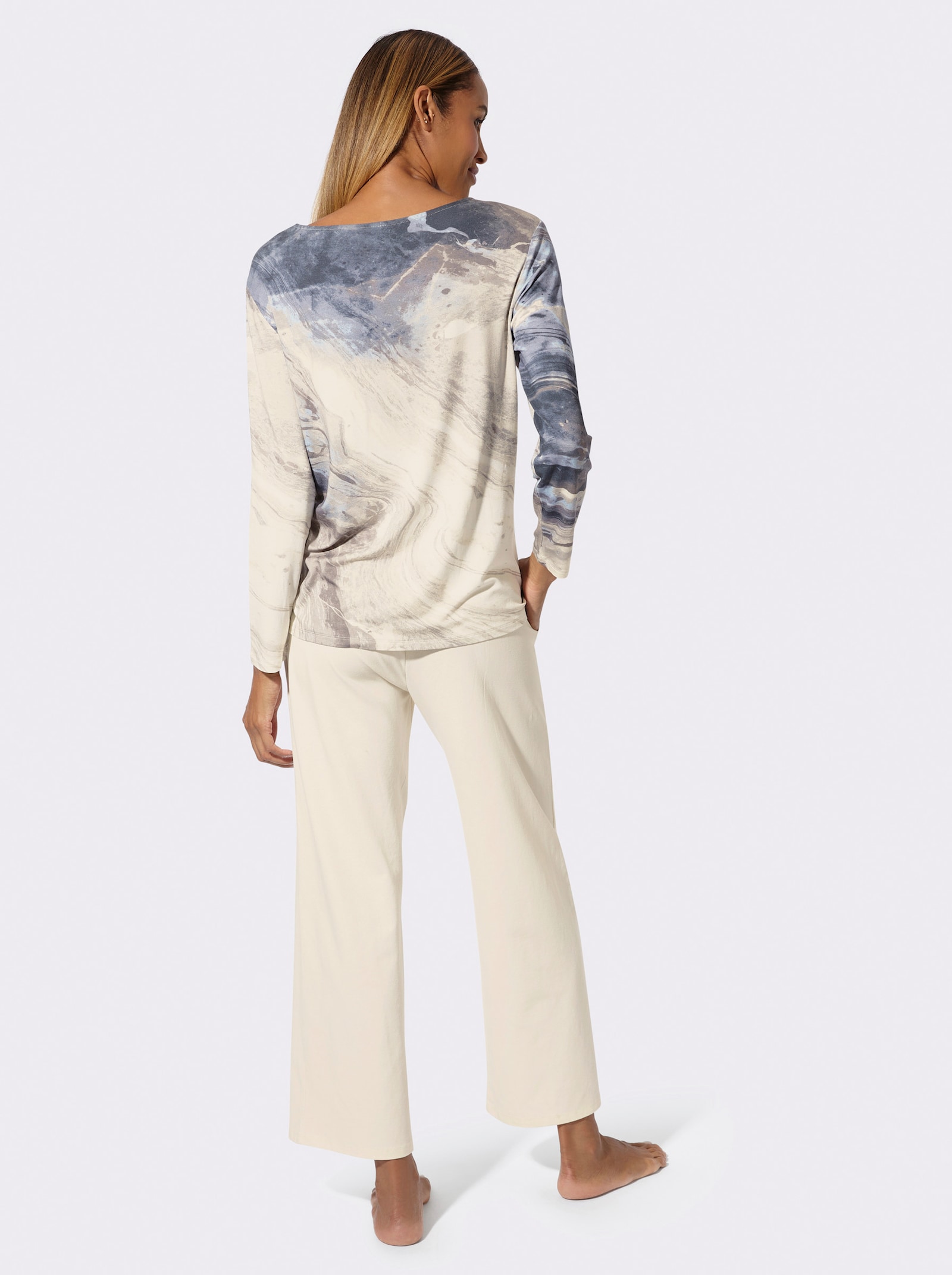 wäschepur Schlafanzug mit Taschen bei der Hose - champagner-rauchblau-bedruckt