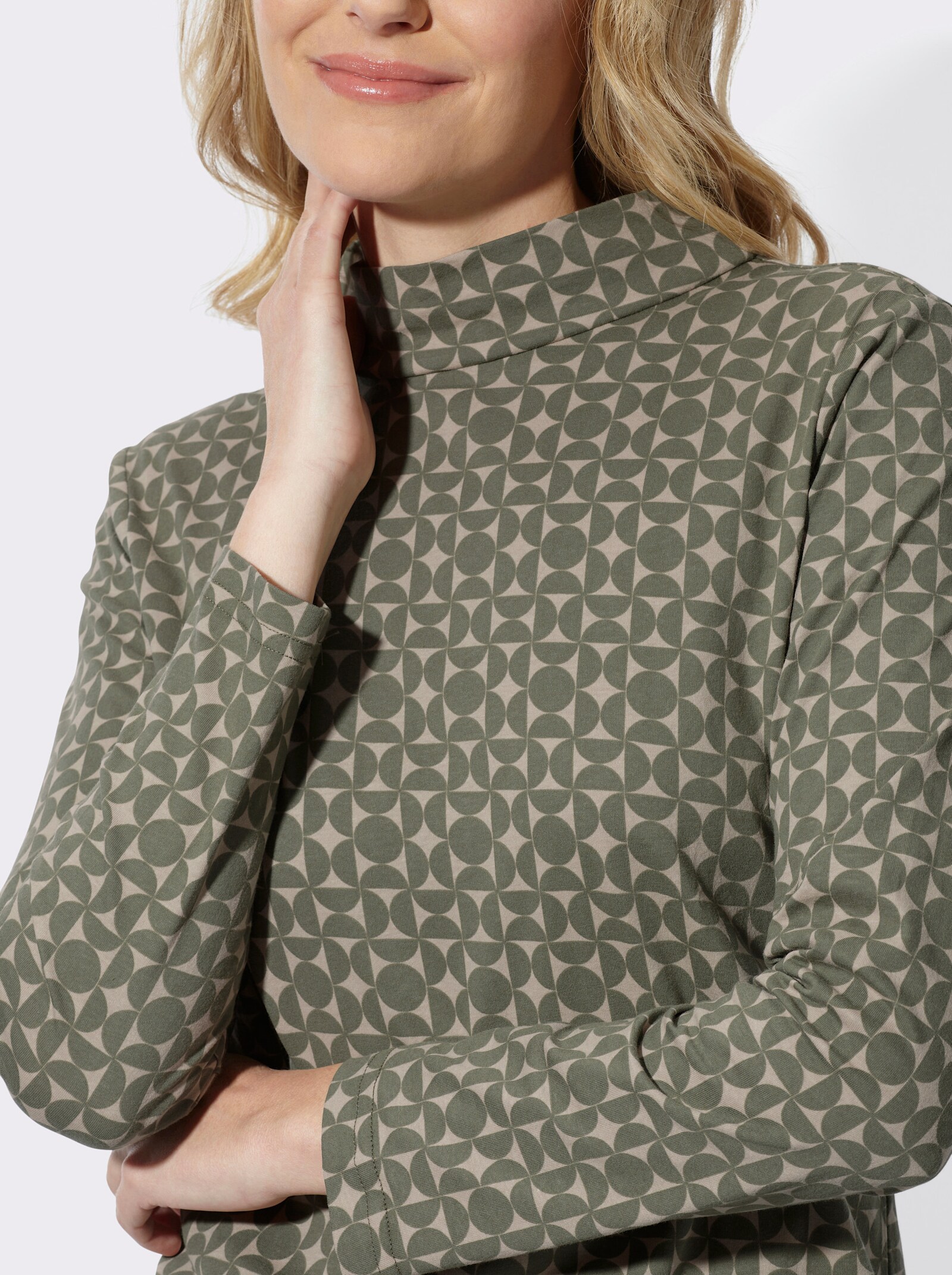  Stehkragenshirt mit Minimalmuster - khaki-beige-bedruckt