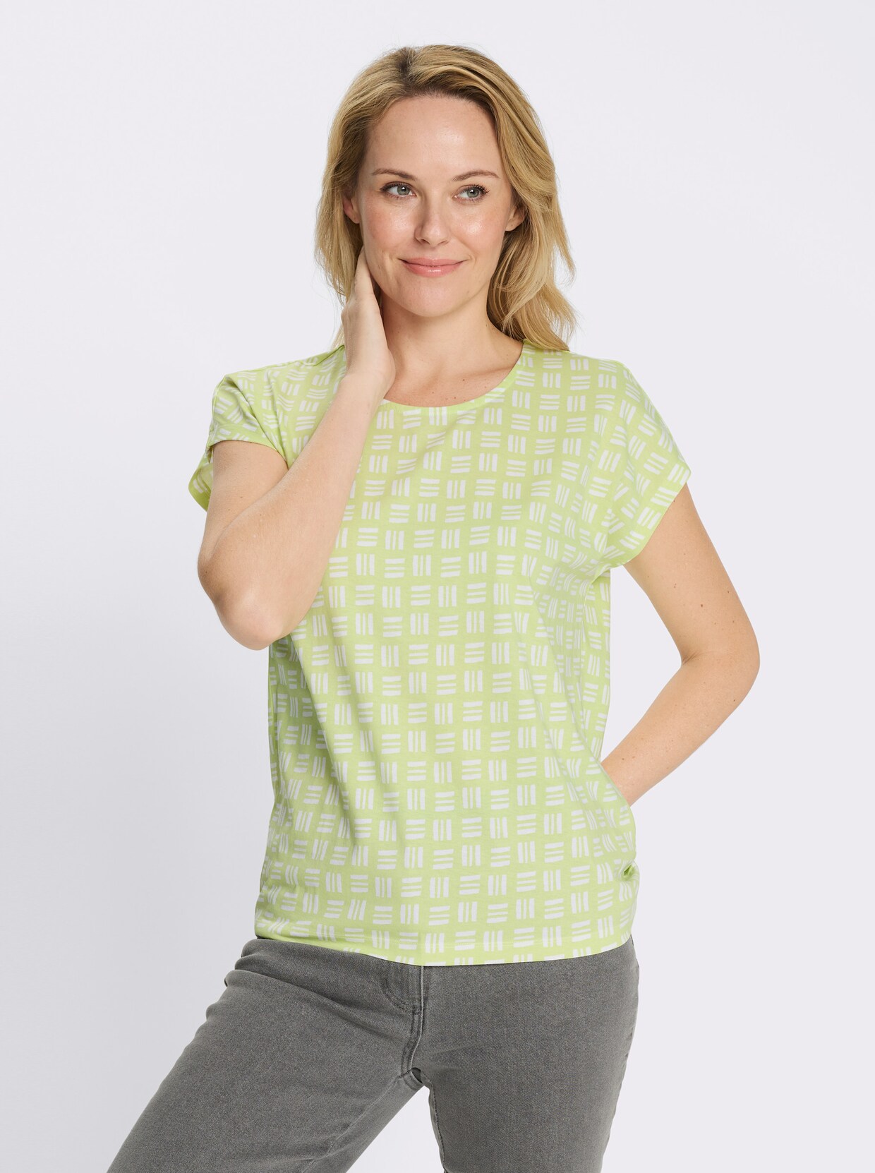 Kurzarmshirt im Allover-Druckmuster - pistazie-ecru-bedruckt