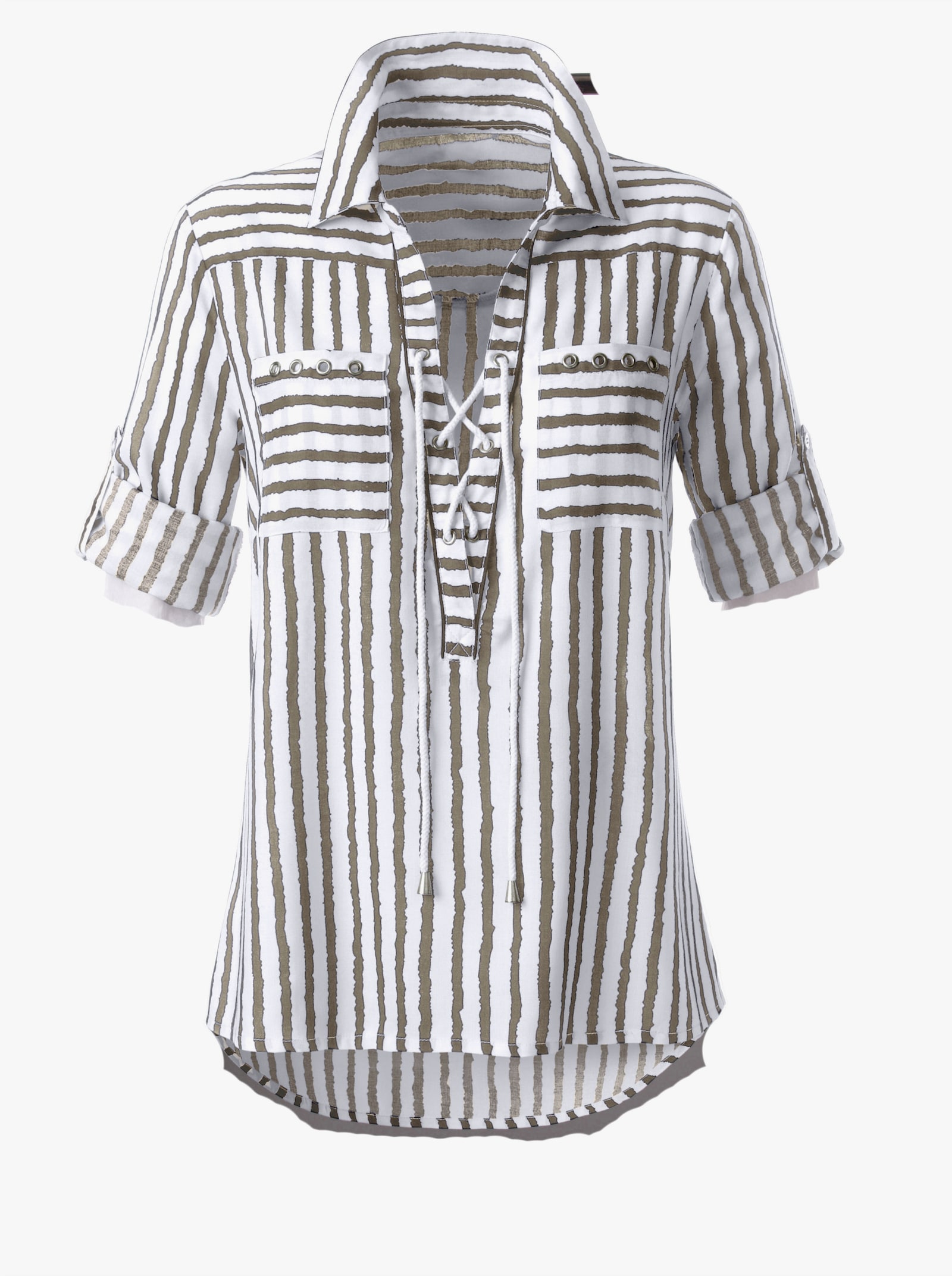 Gestreifte Bluse mit Schnürung am Ausschnitt - taupe-weiß-gestreift