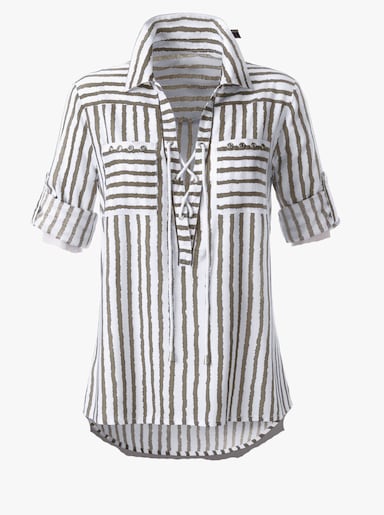 Gestreifte Bluse mit Schnürung am Ausschnitt - taupe-weiß-gestreift