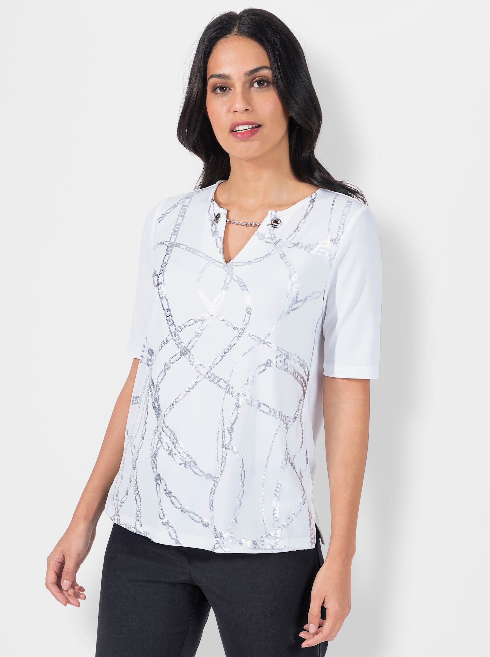 Print-Shirt mit Seitenschlitzen - ecru