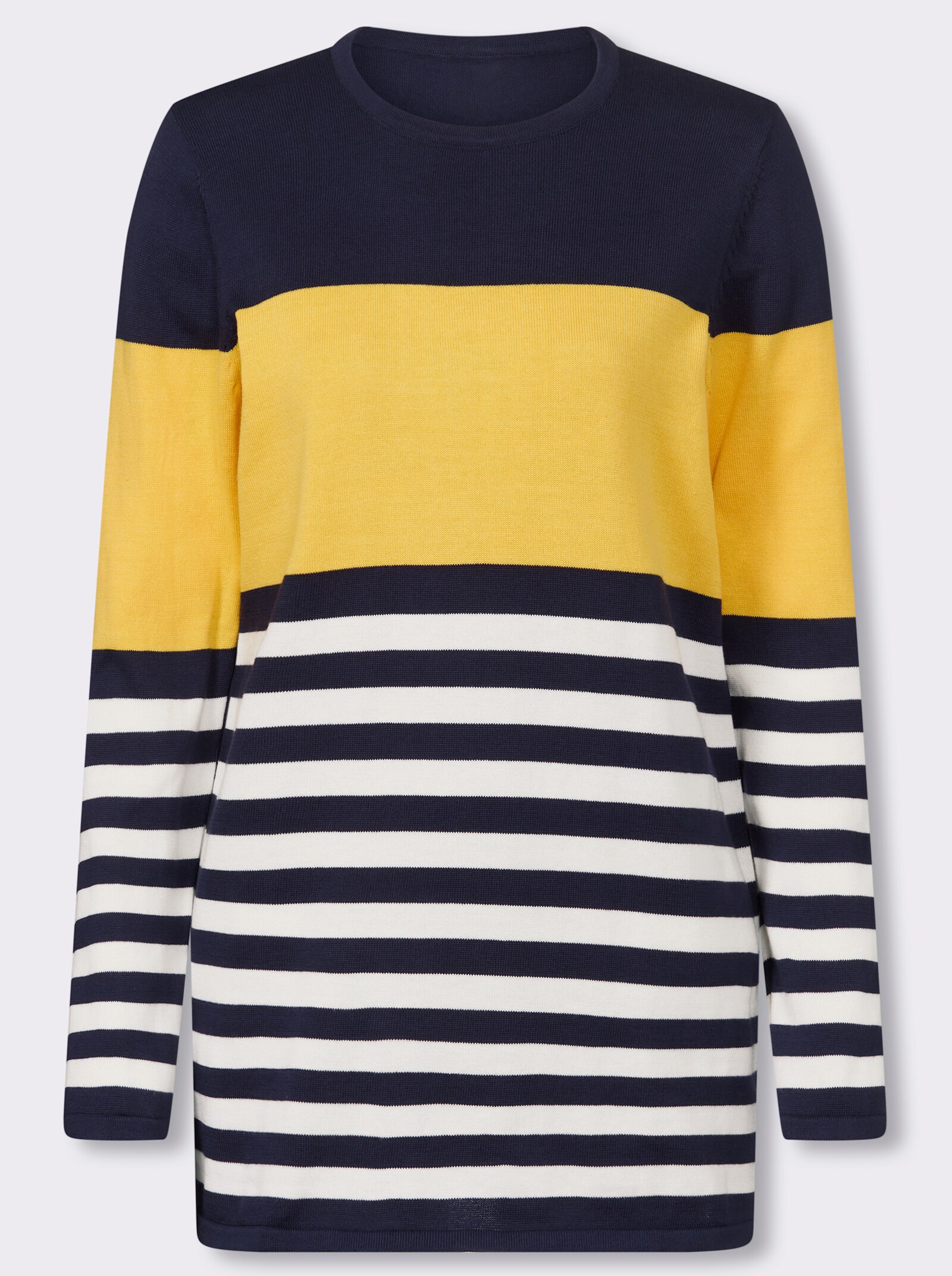 Longpullover mit Streifen-Muster vorne - gelb-marine-geringelt