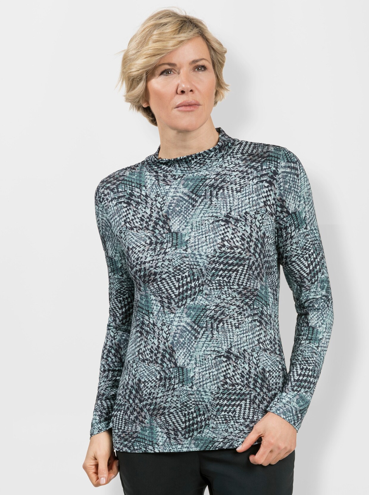 Stehkragenshirt - marine-jade-bedruckt