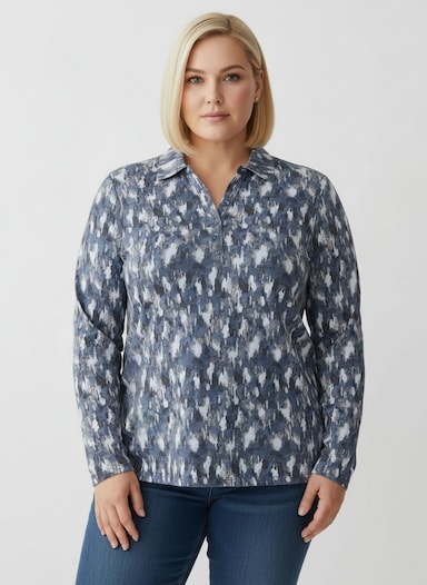 Poloshirt mit kurzer Knopfleiste - rauchblau-graphit-bedruckt