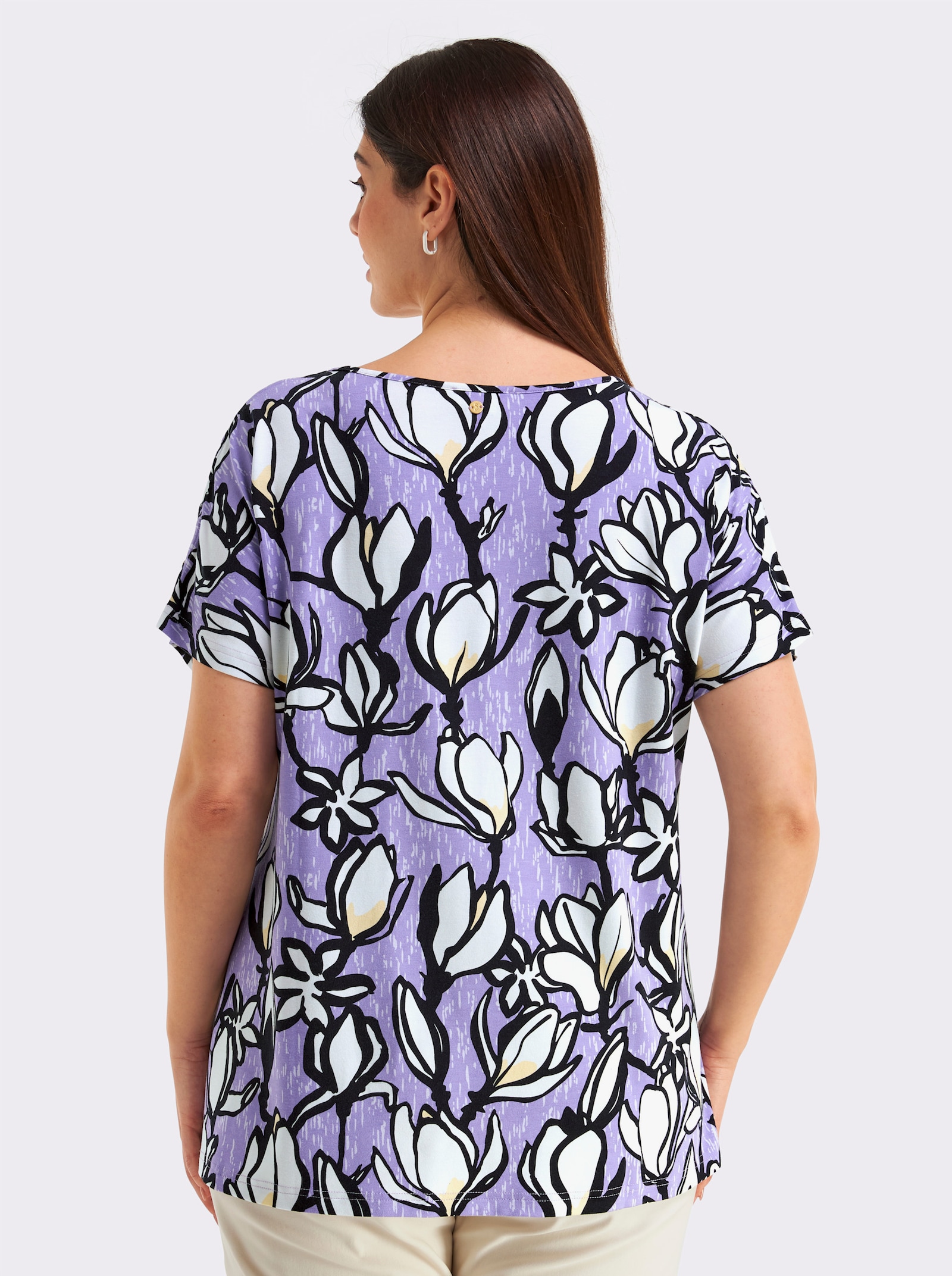 sheego V-Shirt mit raffiniert geschlitzten Ärmeln - flieder-ecru-bedruckt