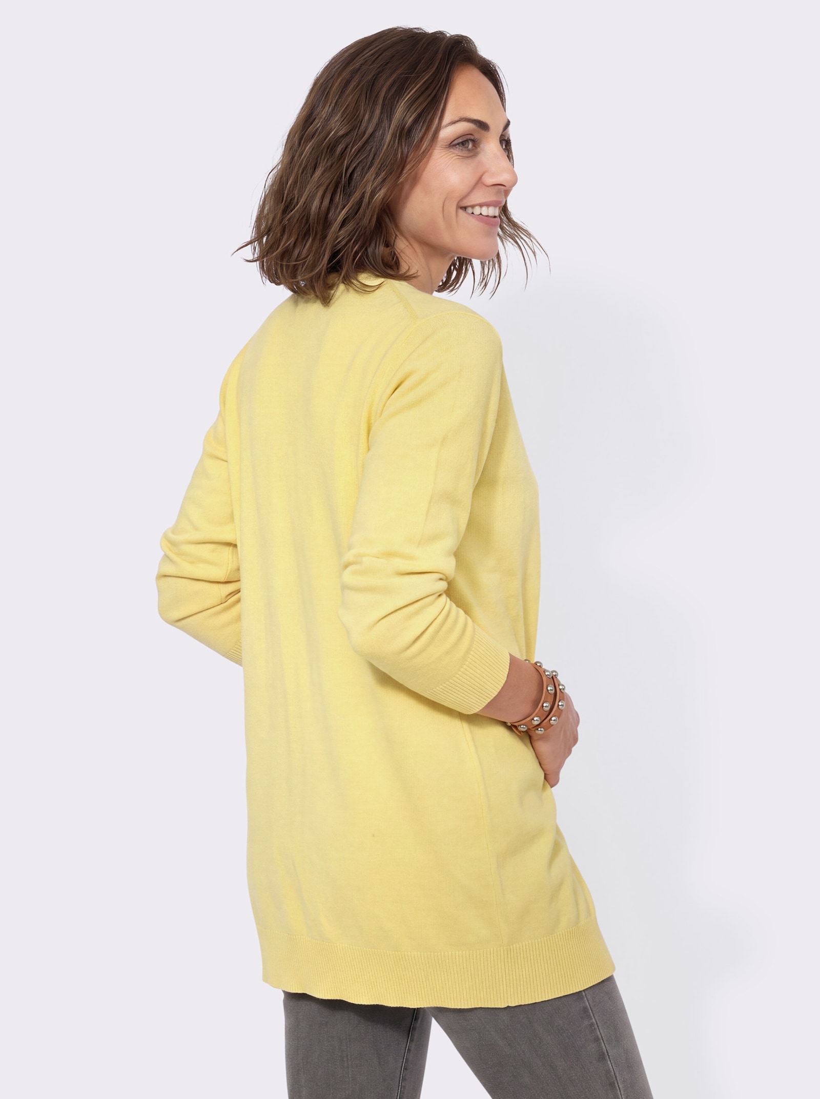 Longstrickjacke mit gerippten Bündchen - zitrone