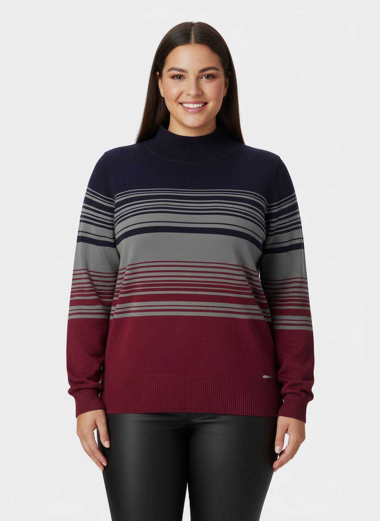 Stehkragenpullover mit Streifen - dunkelrot-grau-gestreift