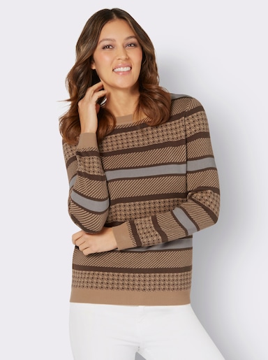 Pullover met ronde hals - camel/choco gedessineerd