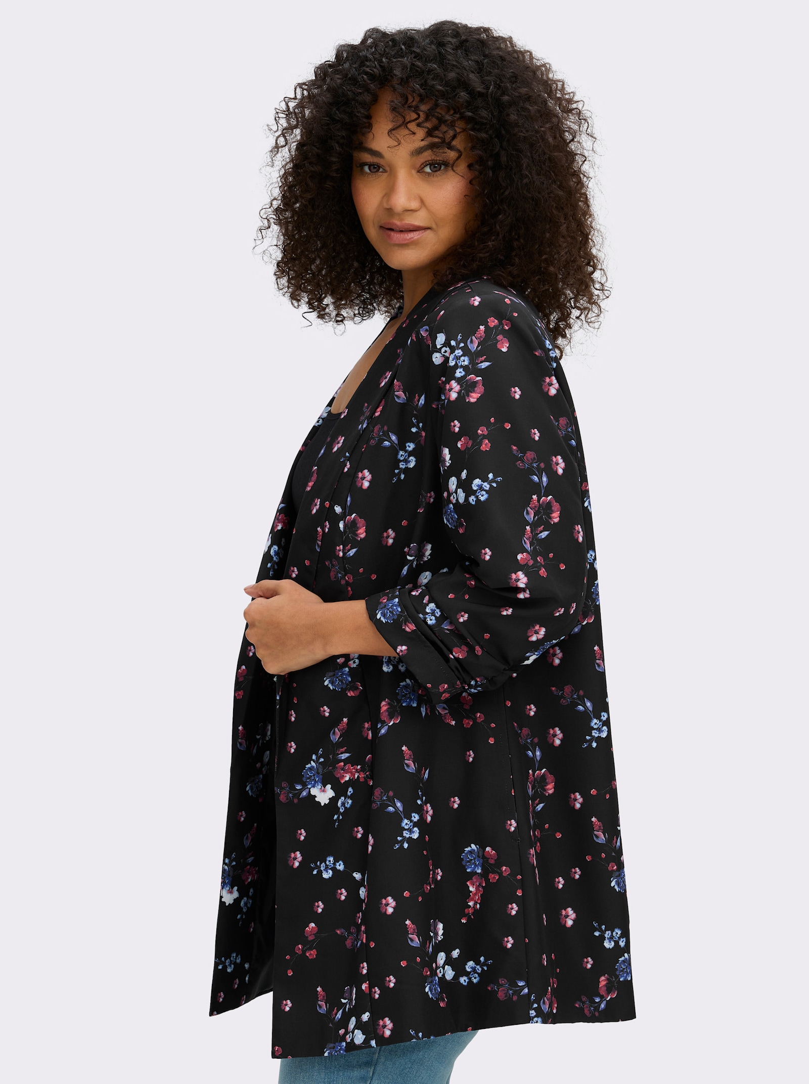 sheego Blazer mit Blumen-Alloverprint - schwarz-koralle-bedruckt