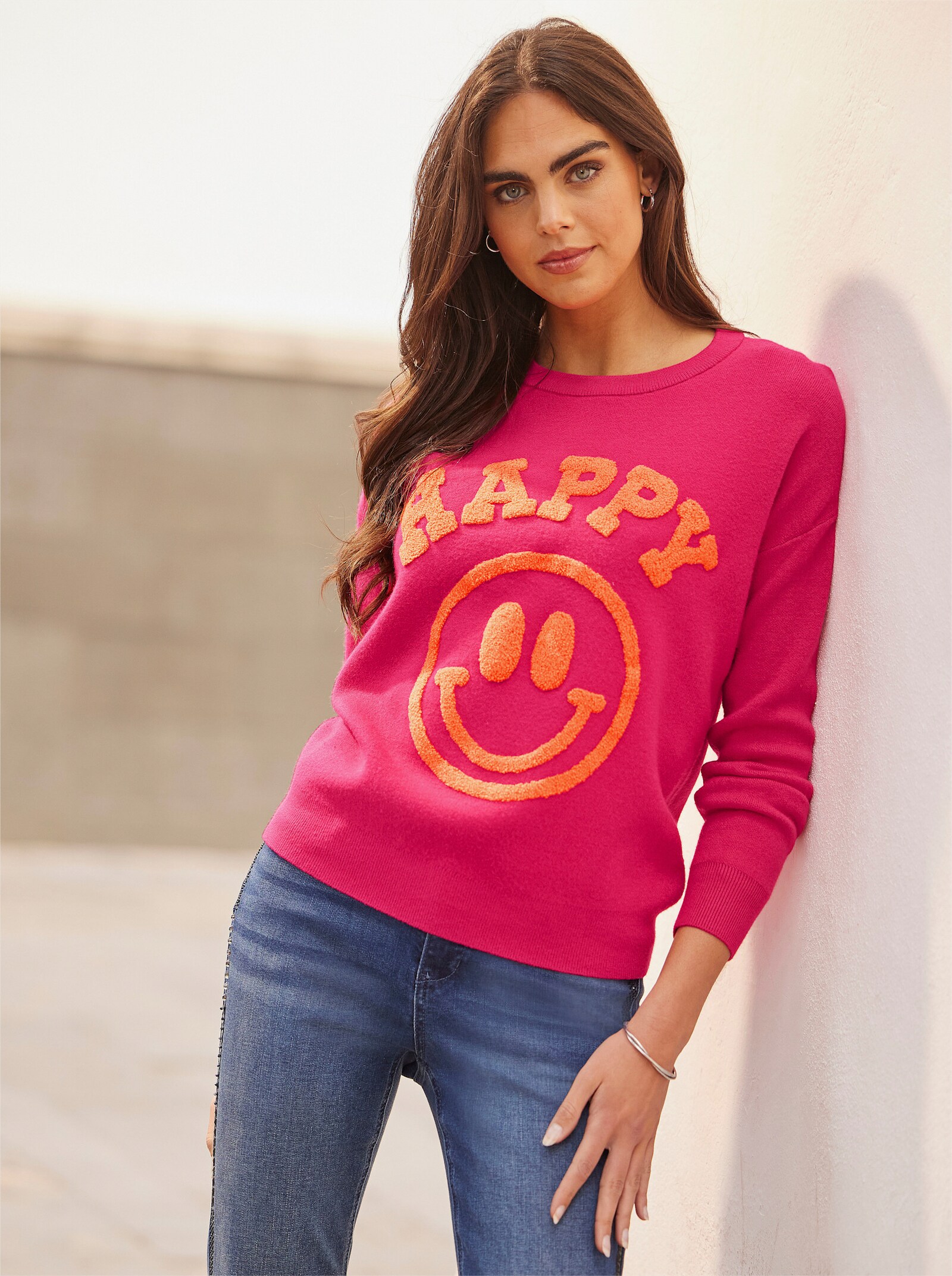 heine Rundhalspullover in Feinstrick-Qualität, mit Smiley-Schriftzug - pink