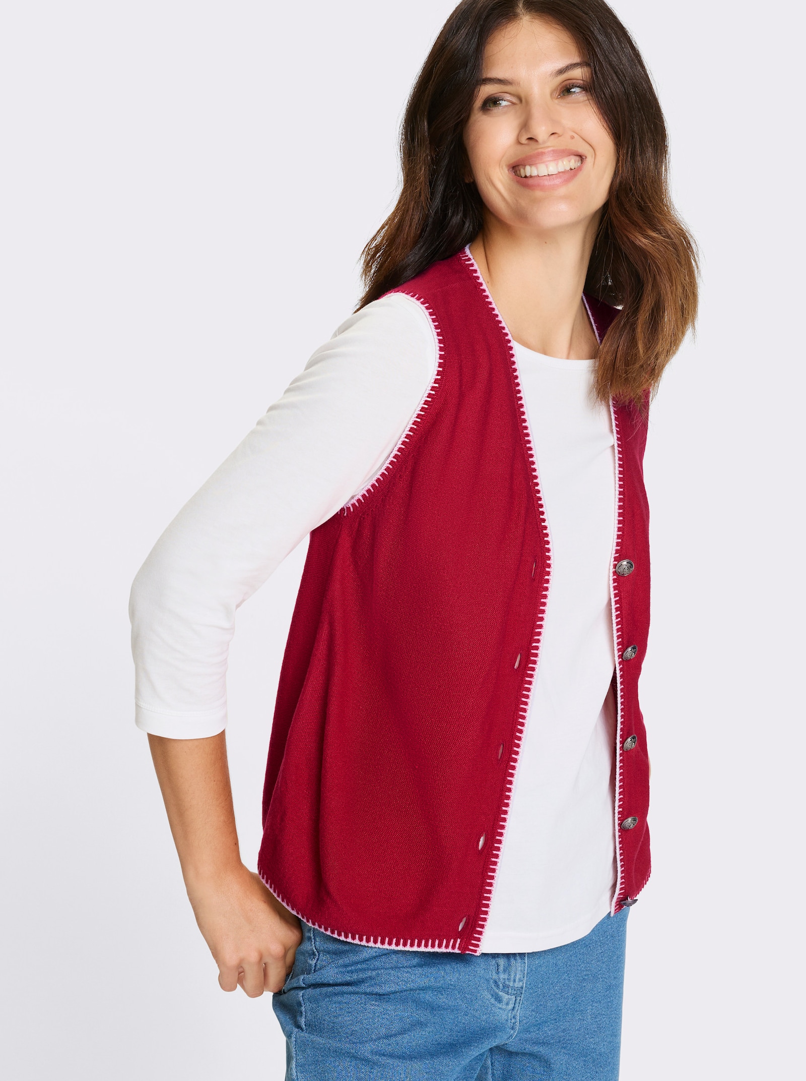 Mouwloos vest met folkloreknopen - rood/ecru