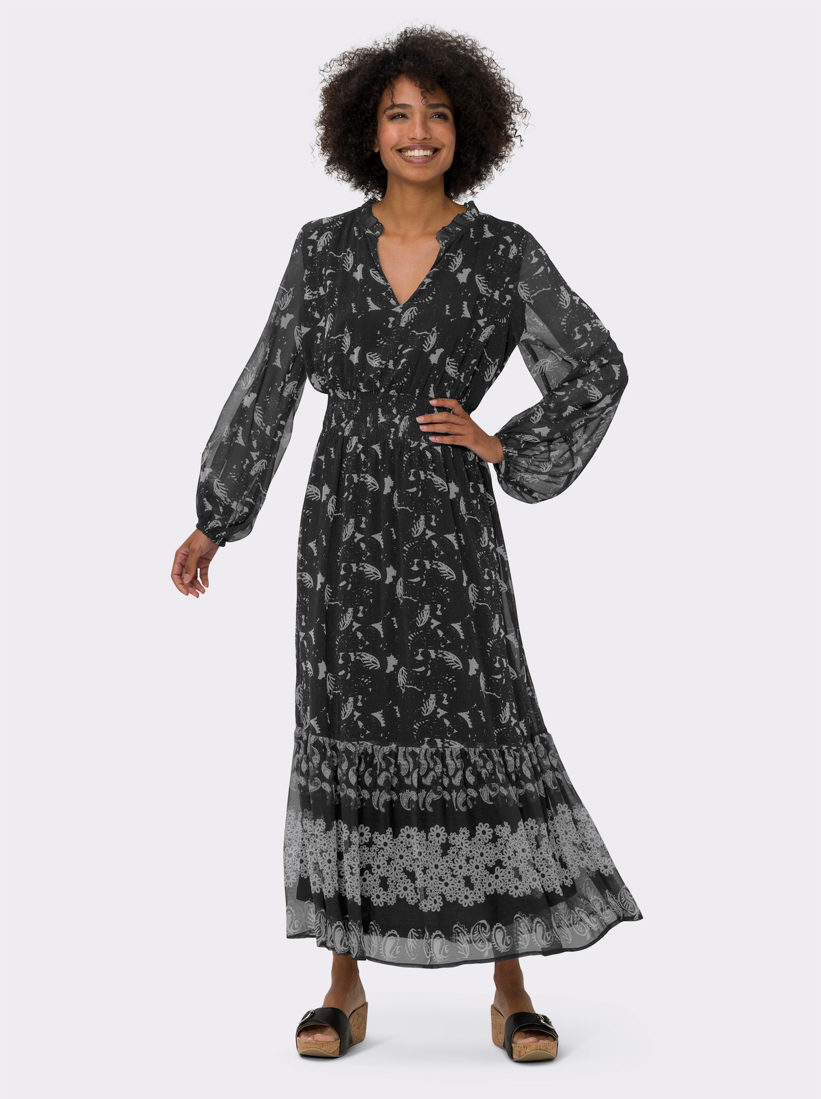 heine Chiffonkleid mit Smokeinsatz in der Taille - schwarz-champagner-bedruckt