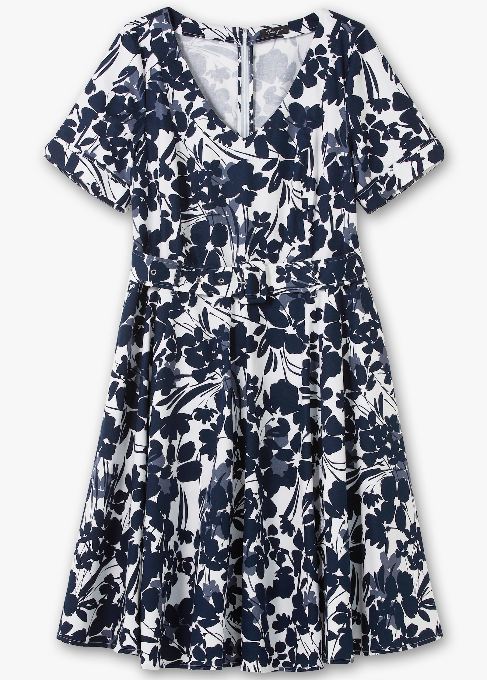 sheego Cocktailkleid mit Blumenprint und Stoffgürtel - marine-gemustert