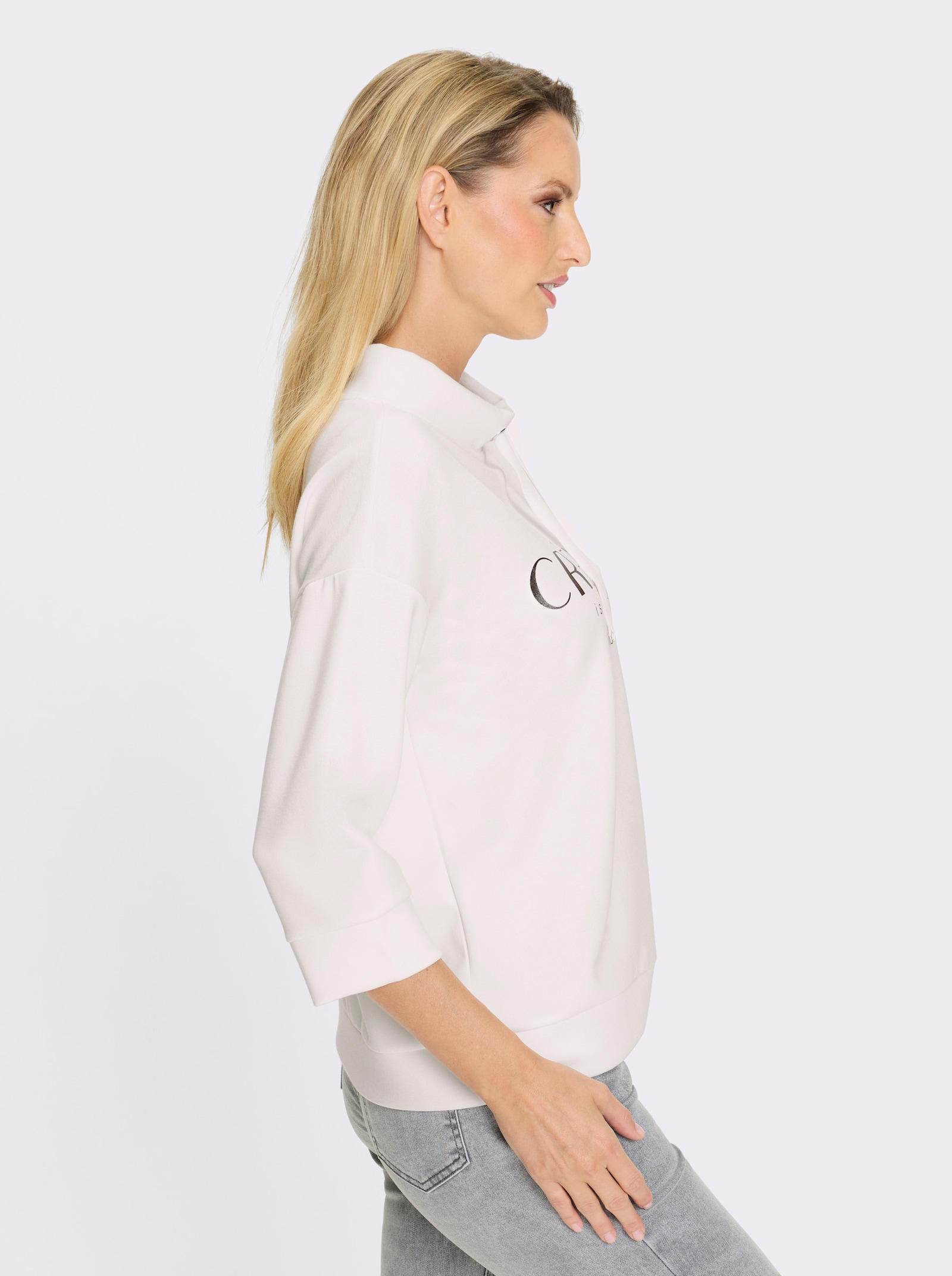 heine Shirt met 3/4-mouwen en opschrift, glanzend - ecru