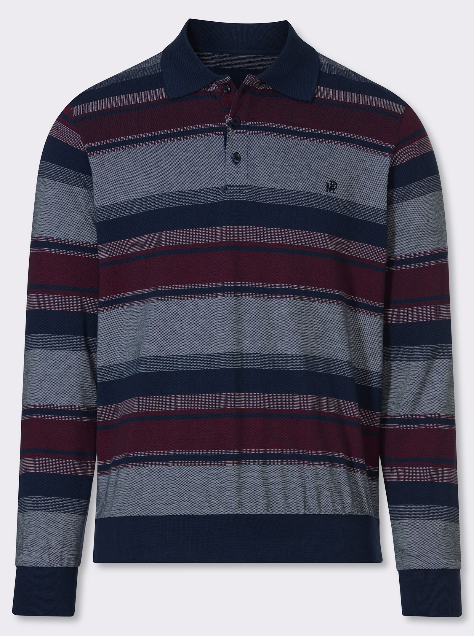Marco Donati Langarm-Poloshirt mit Ellenbogen-Patches - dunkelblau-bordeaux-gestreift