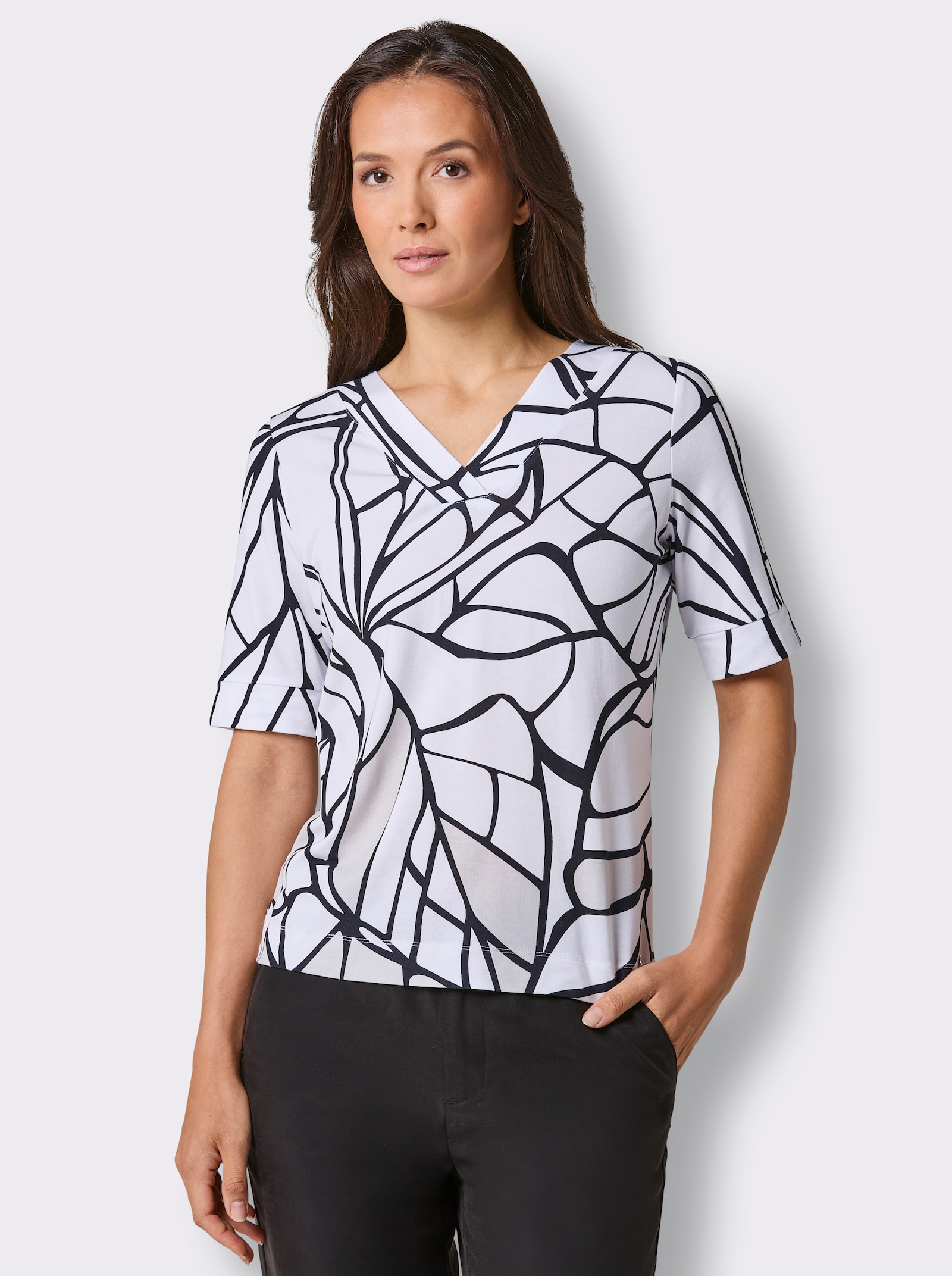 CREATION L PREMIUM V-Shirt mit Schlitz am Ärmel - weiß-schwarz-bedruckt