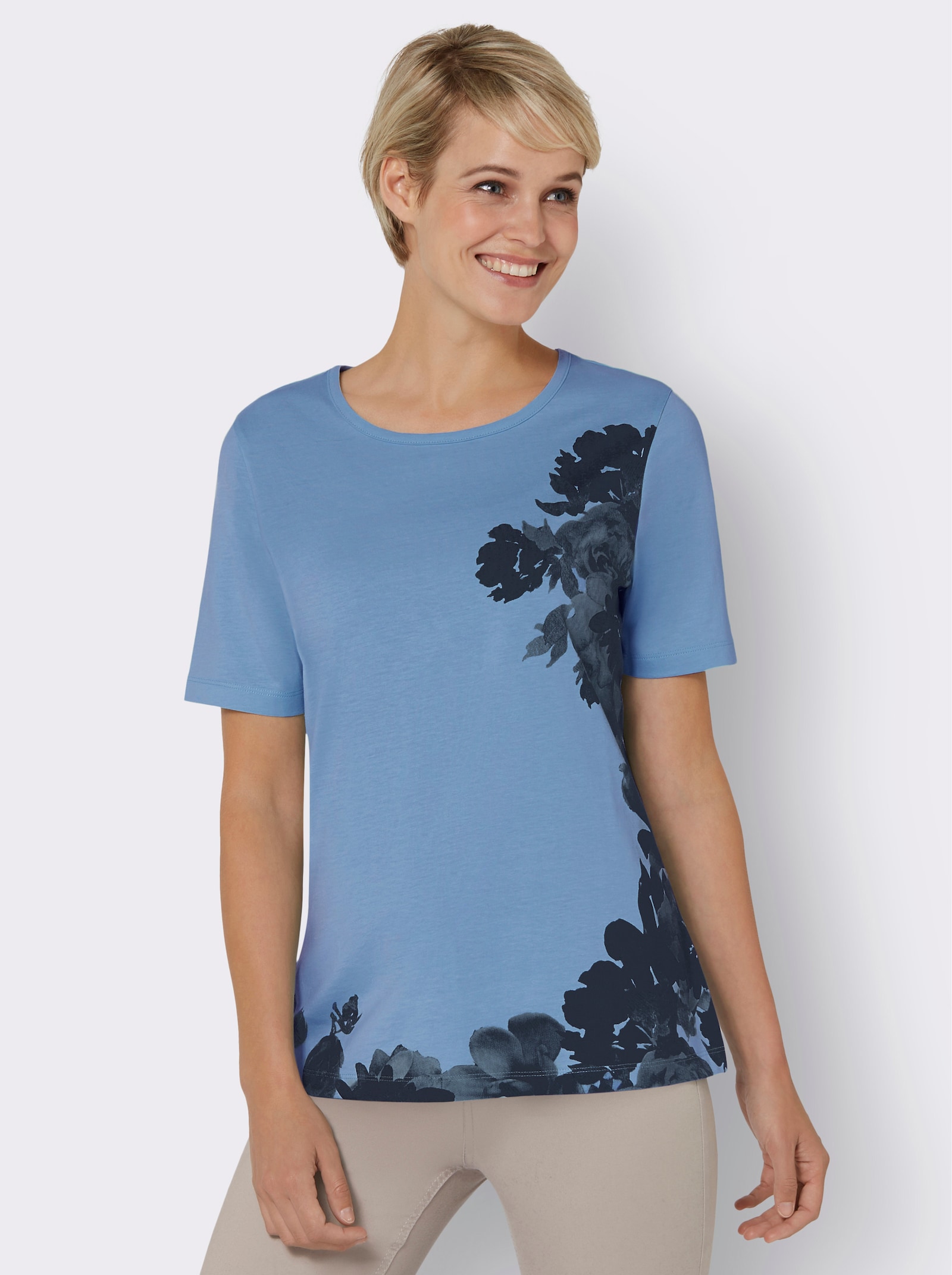 Tričko, krátke rukávy, kvety - Belasá potlač