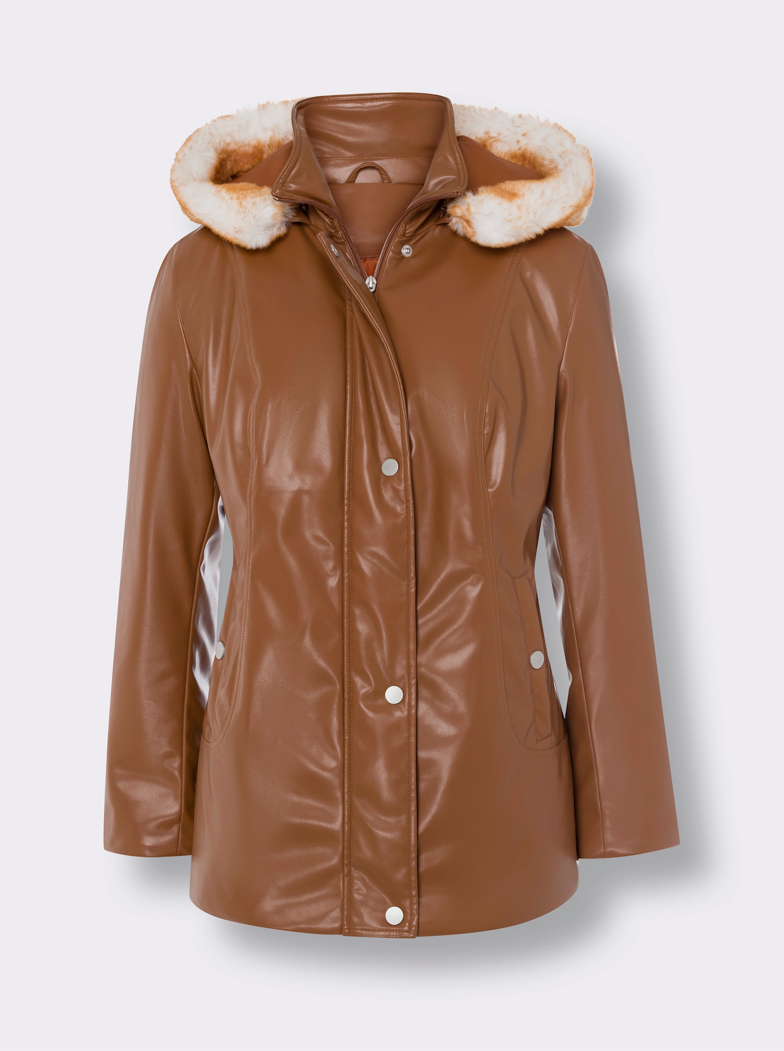 Lederimitatjacke mit Pelz-Imitat-Besatz - cognac