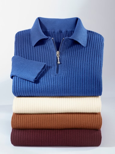 Polopullover in Ripp-Optik - jeansblau