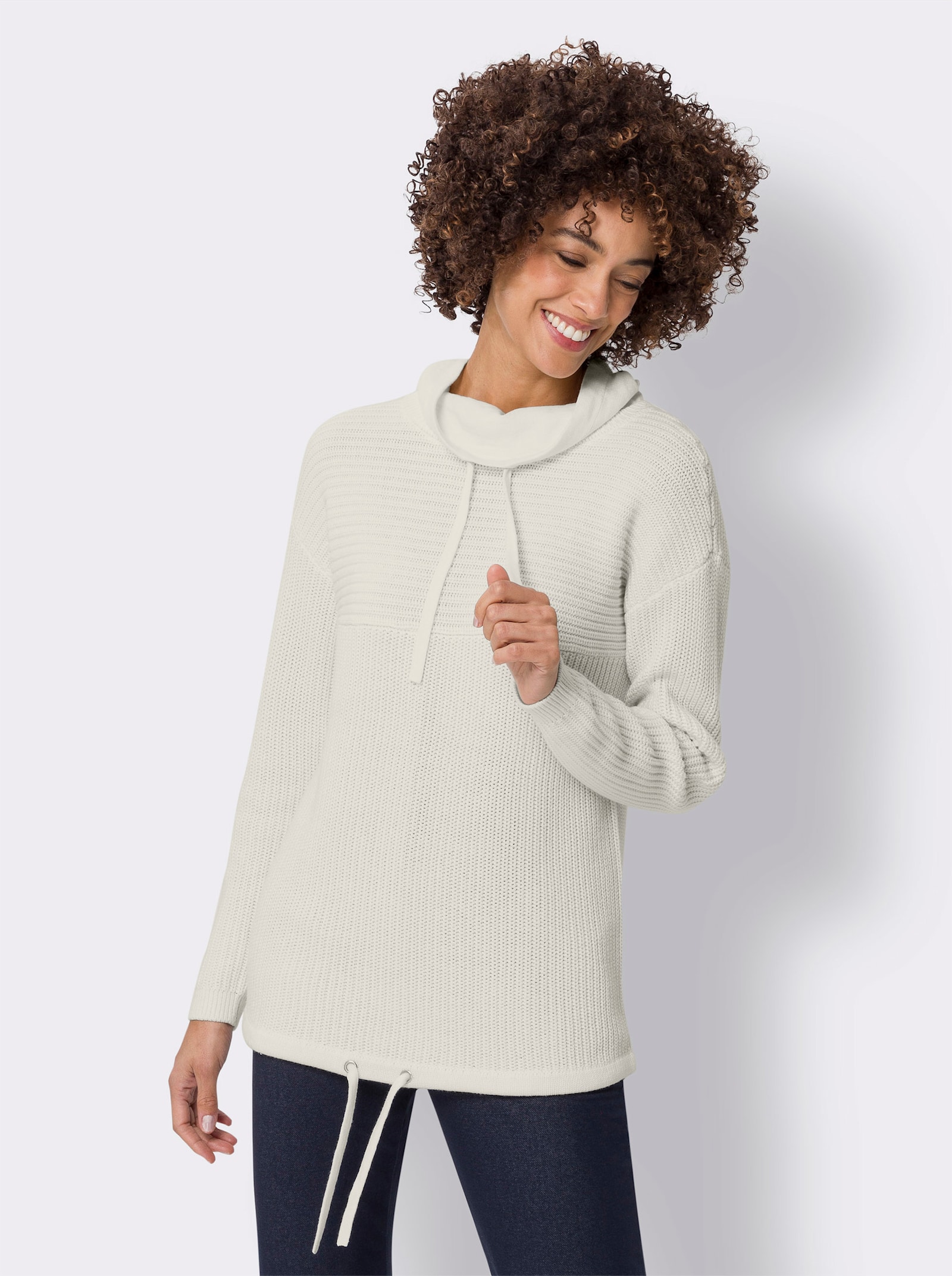 Långärmad tröja i ribbad look - gräddvit