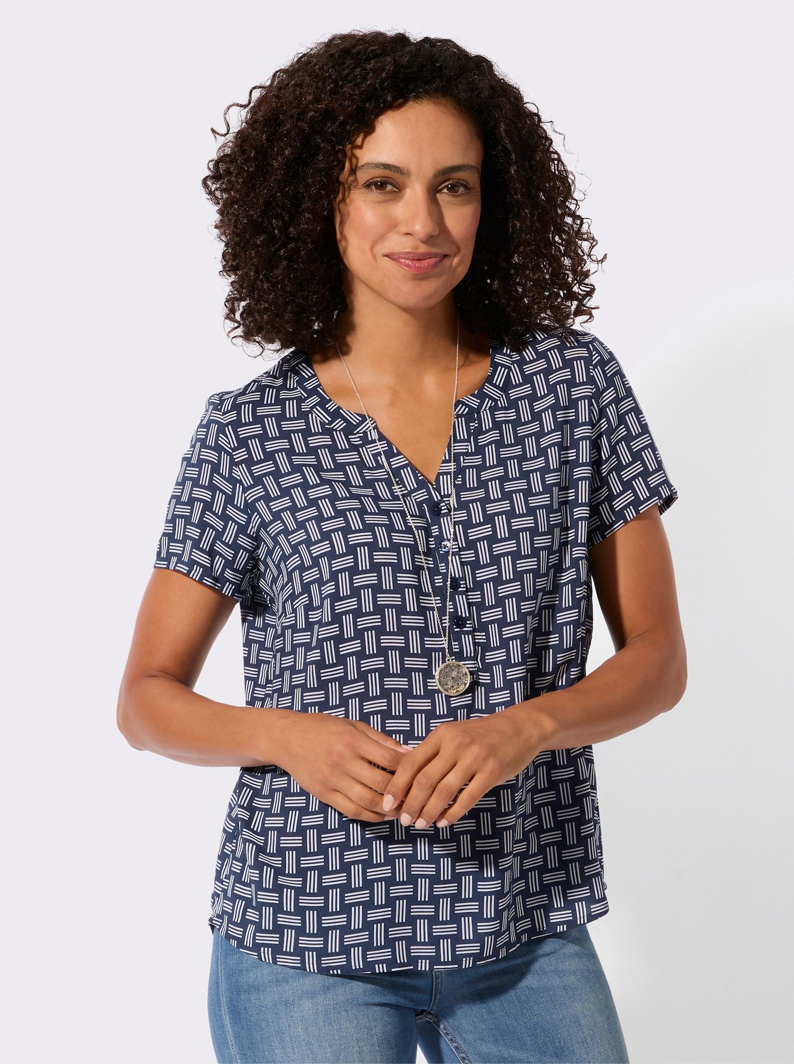 Druckbluse mit abgerundetem Saum - marine-ecru-bedruckt