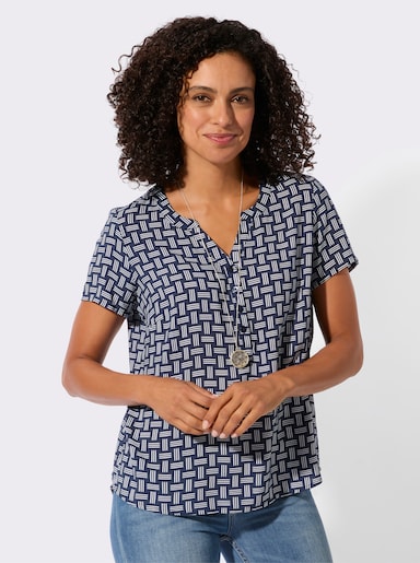 Druckbluse mit abgerundetem Saum - marine-ecru-bedruckt