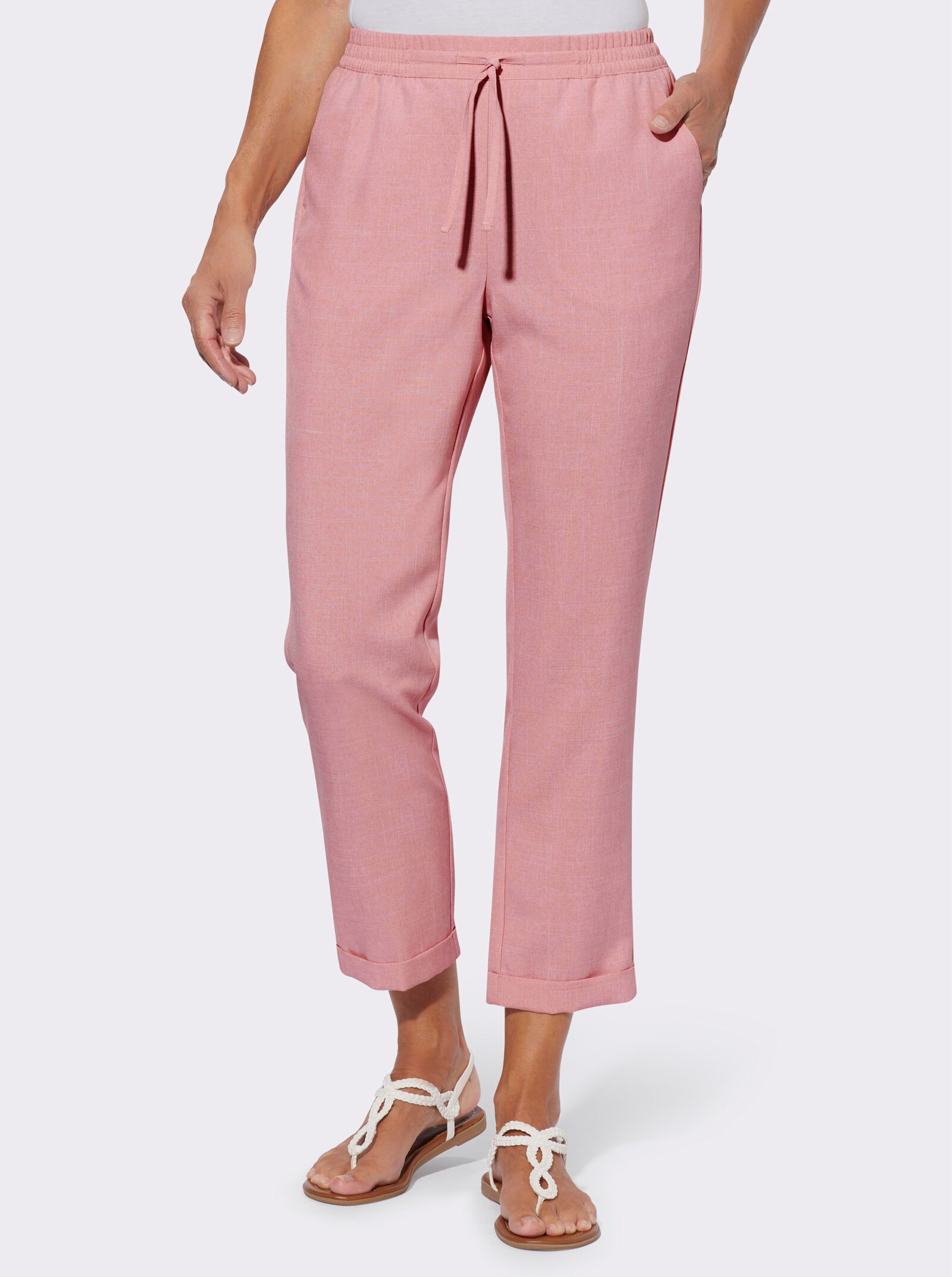 7/8 kalhoty lněného vzhledu - růženínová-melír