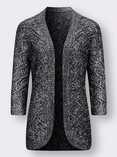 Ajourstrickjacke mit Fledermaus-Ärmeln - schwarz-ecru-meliert