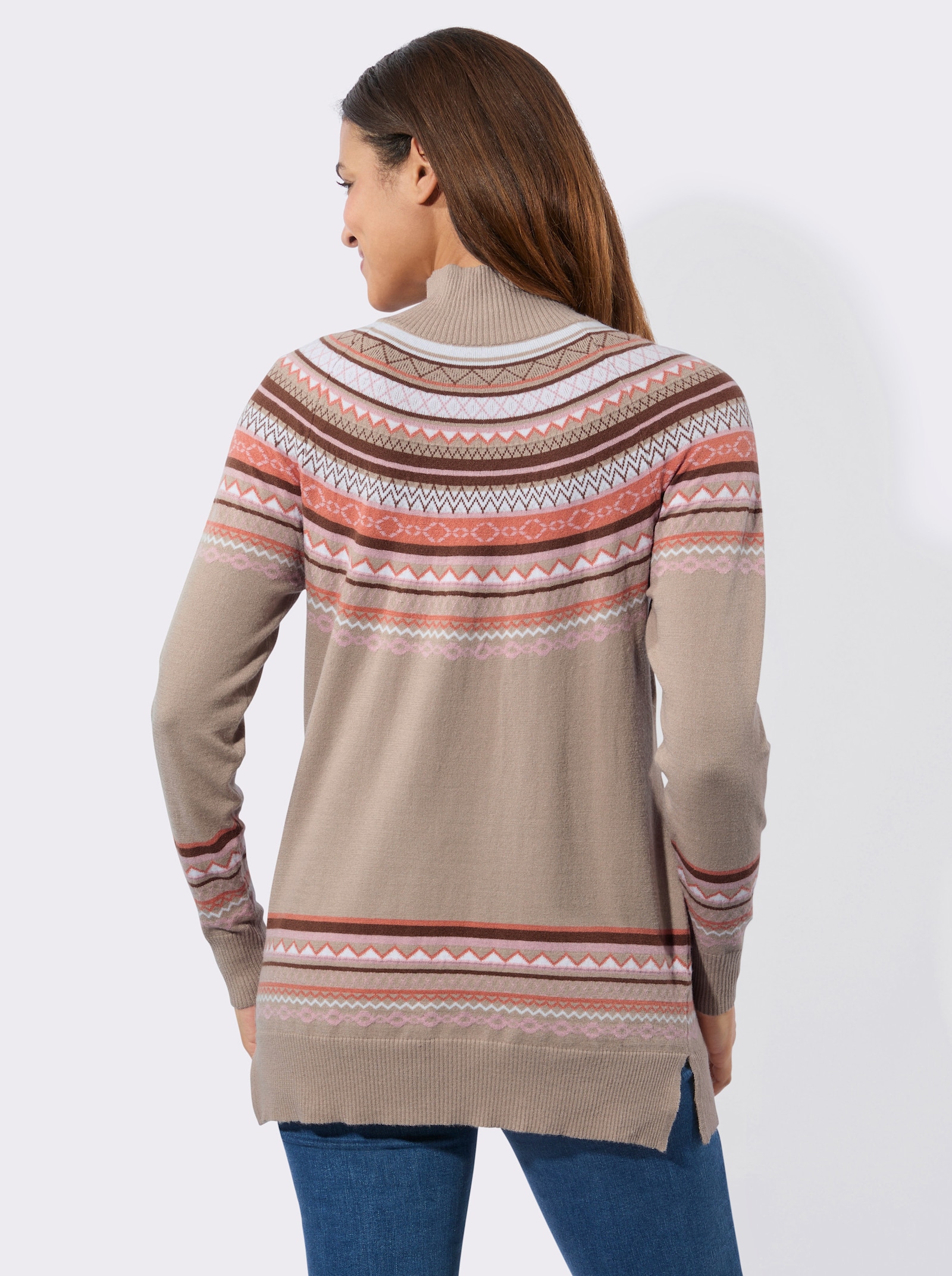 Jacquard-Pullover mit Seitenschlitzen - sesam-braun-gemustert