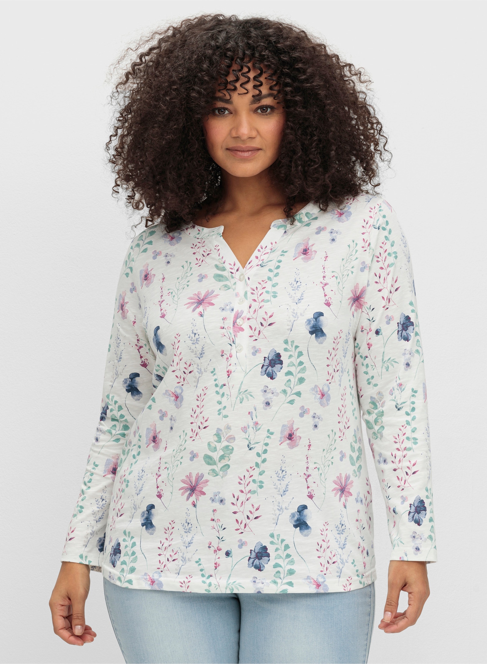 Langarmshirt mit kleiner Knopfleiste - ecru-mauve-bedruckt