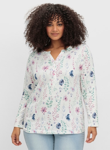 Langarmshirt mit kleiner Knopfleiste - ecru-mauve-bedruckt