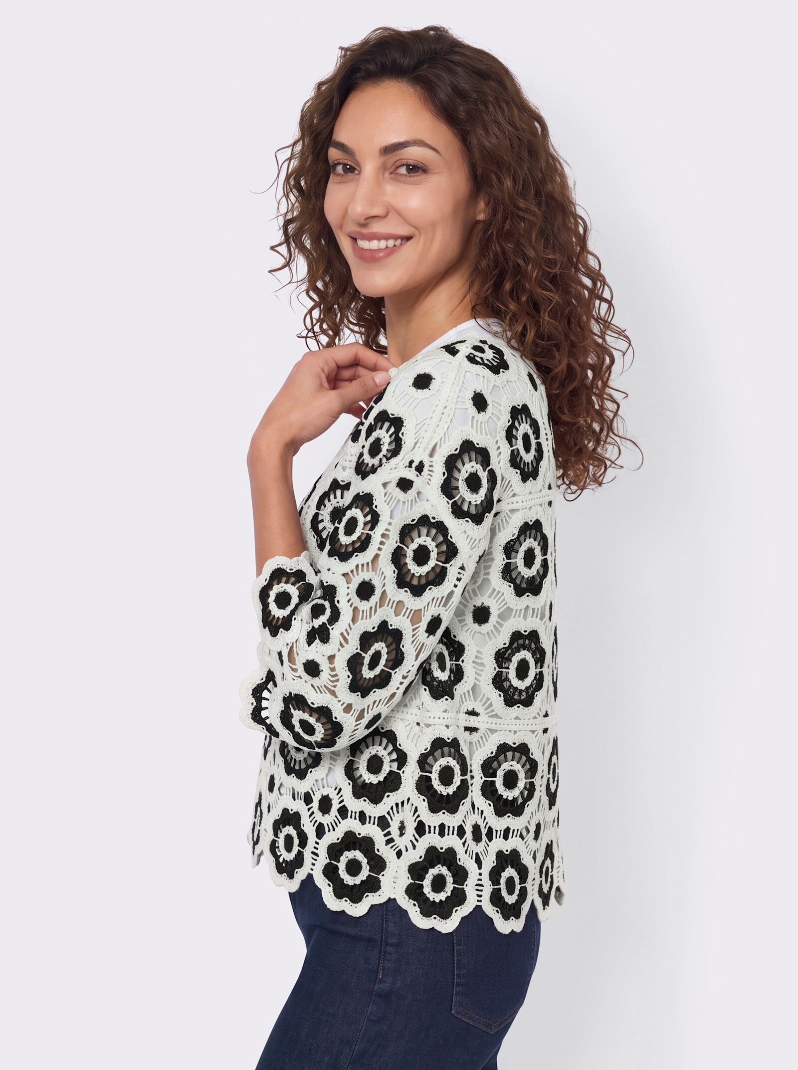 Pullover mit U-Boot-Ausschnitt - champagner-schwarz-gemustert