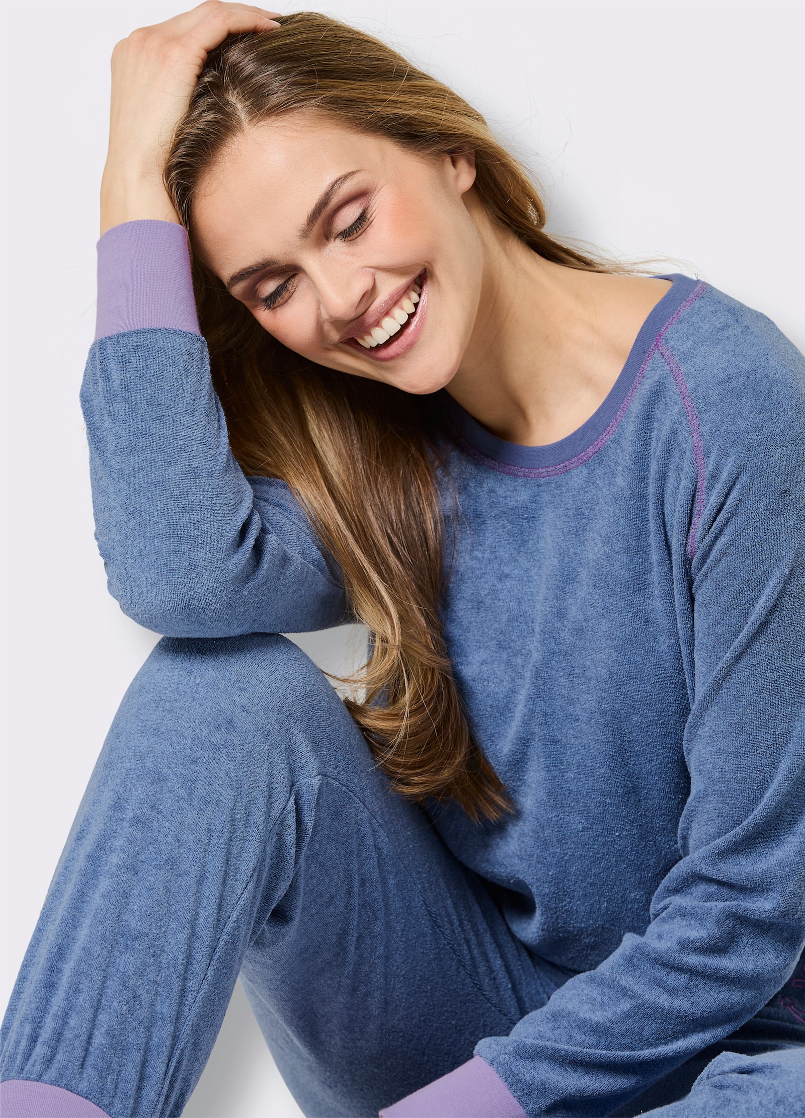 wäschepur Schlafanzug aus Feinfrottee - jeansblau-meliert-lavendel