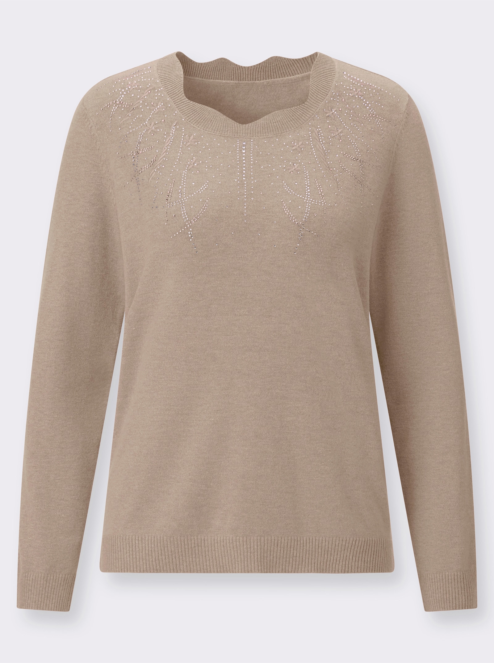 Langarm-Pullover mit Glitzersteinchen und Stickerei - beige-meliert