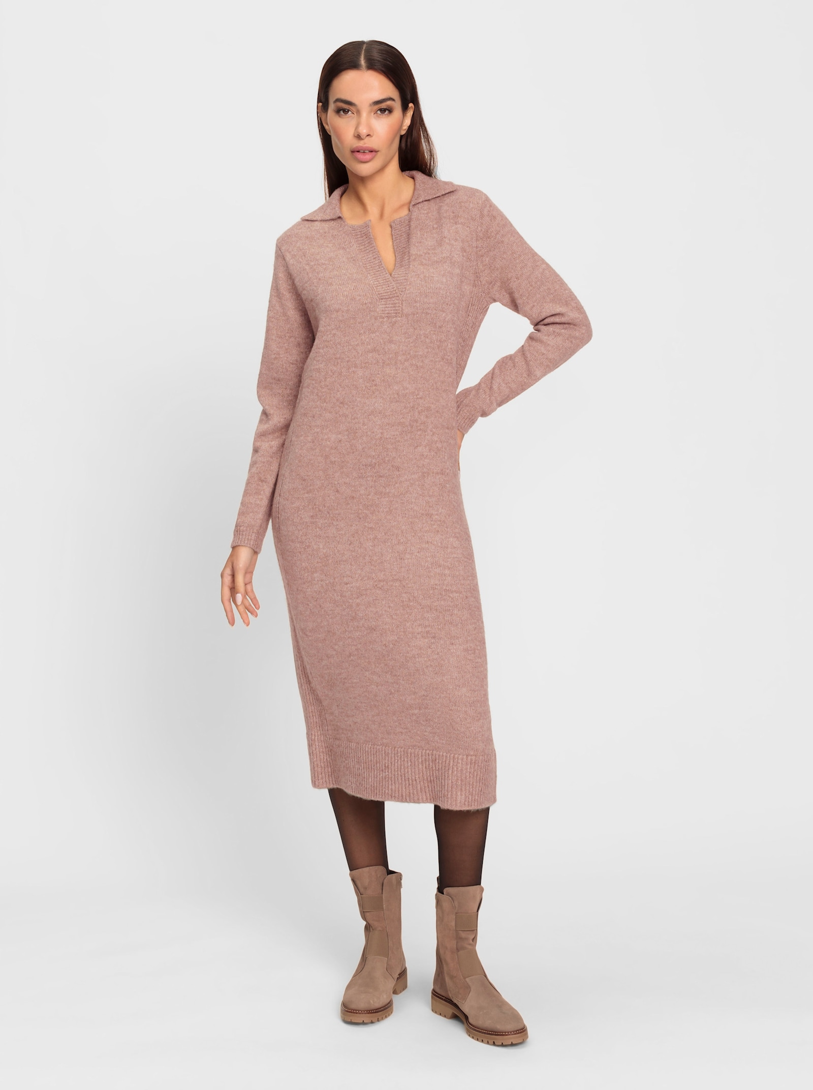 heine Strickkleid mit Polokragen - camel-taupe-meliert