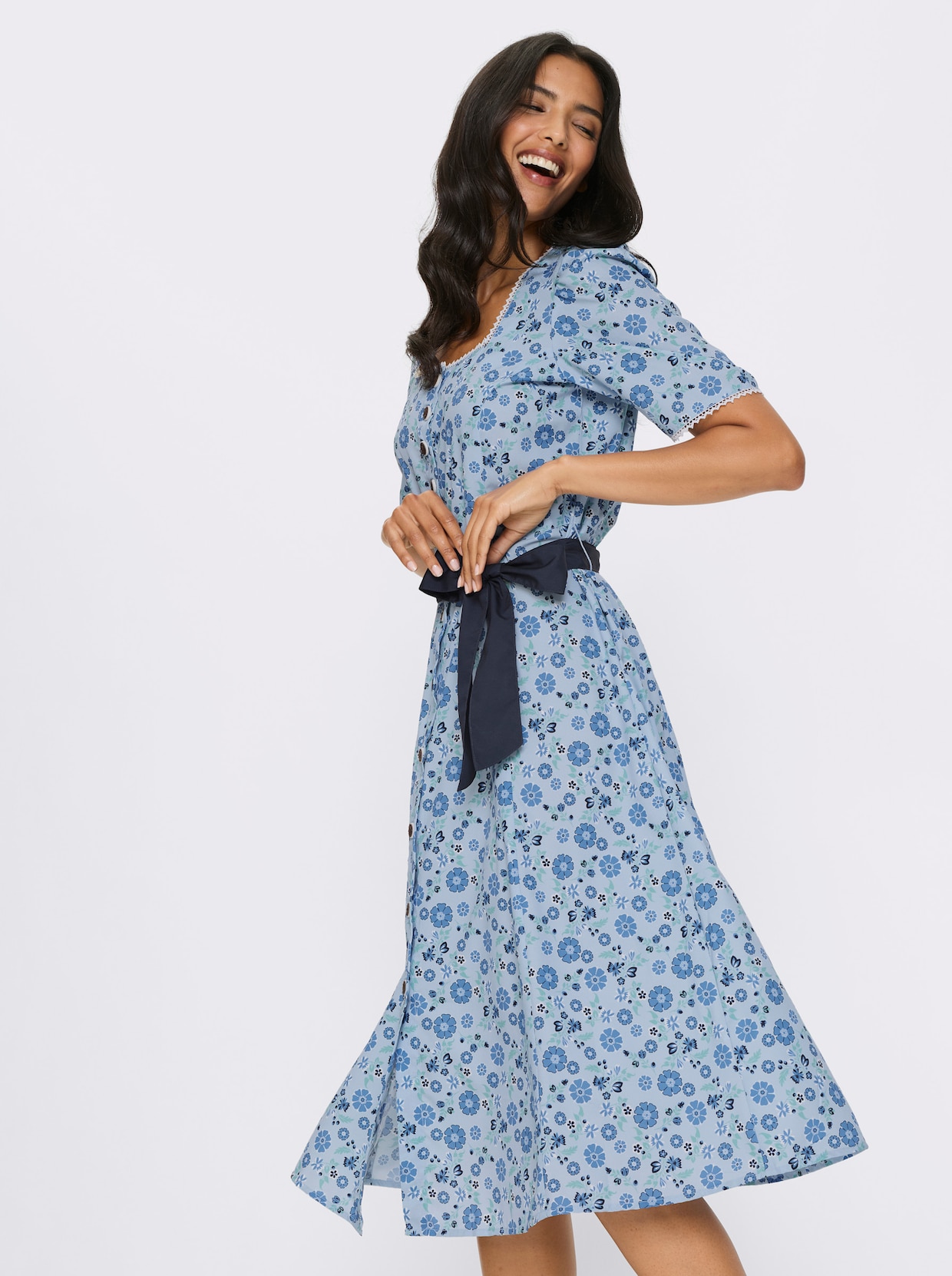 Trachtenkleid - hellblau-marine-bedruckt